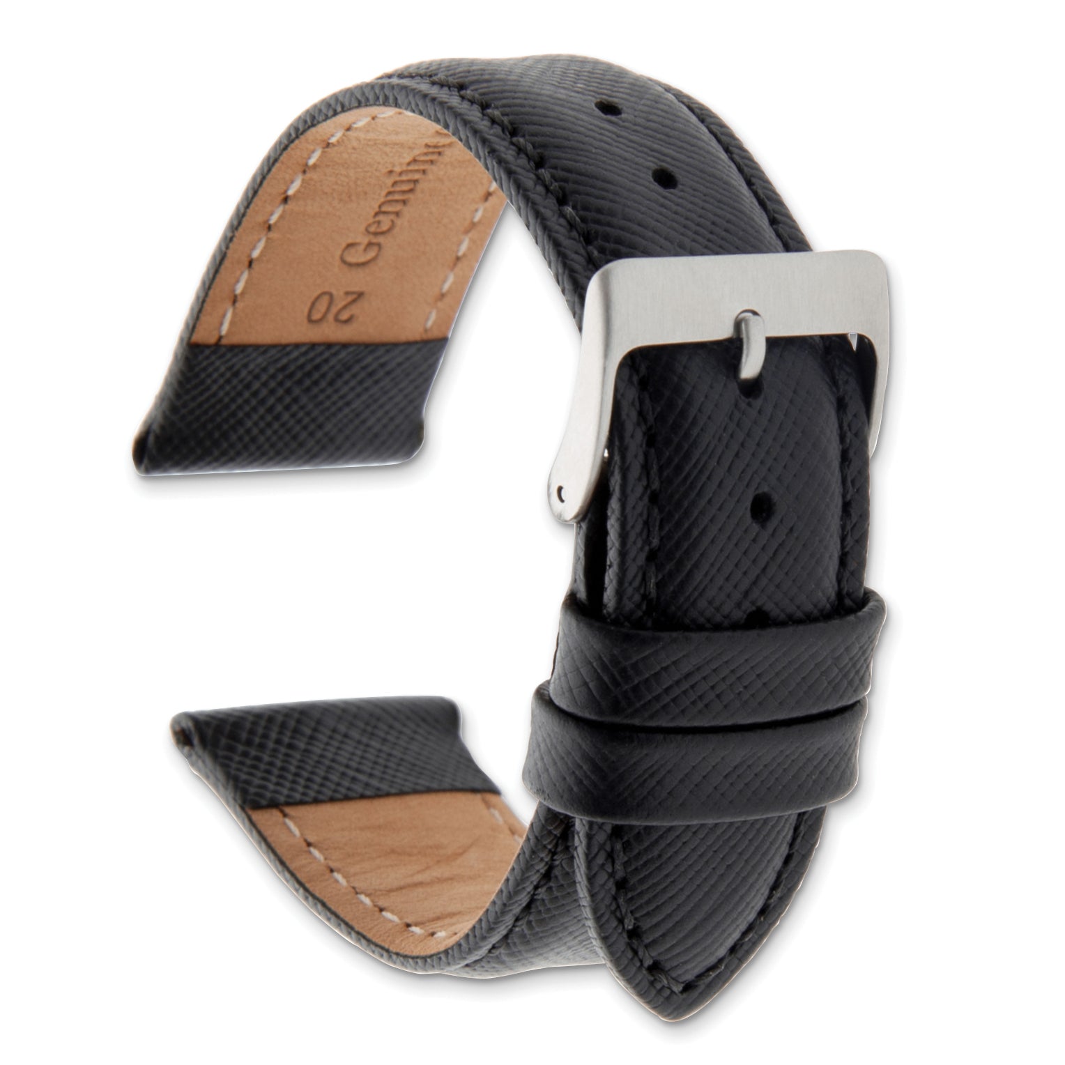 12mm Black Saffiano-style Leather with Stainless Steel Buckle 6.9 inch Watch Band