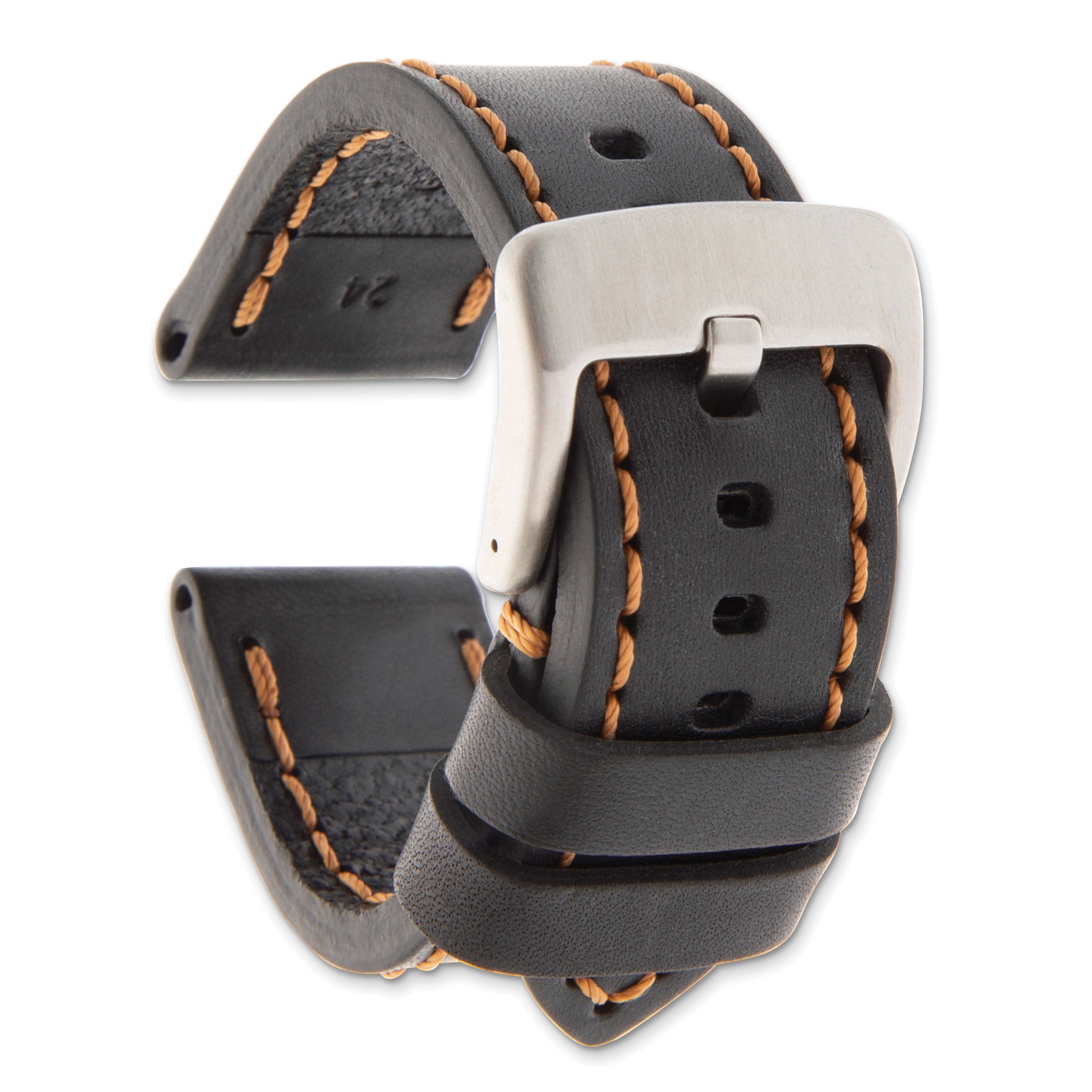 20mm Black Thick and Heavy Sport Calfskin Leather with Brown Stitching and Stainless Steel Buckle 8.1 inch Watch Band