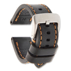 Black Calfskin Leather Watch Band with Brown Stitching and Silver-Tone Buckle 22mm