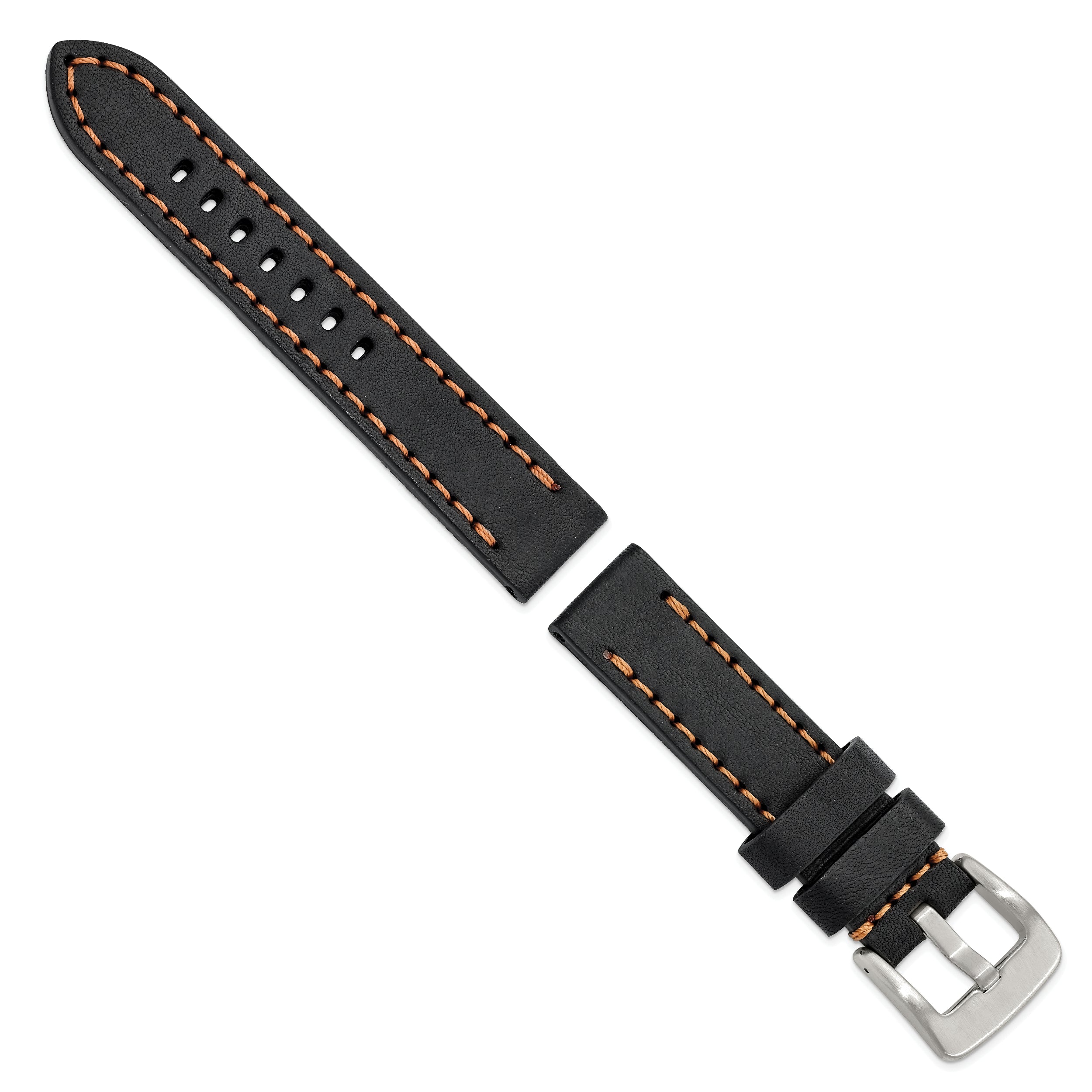 20mm Black Thick and Heavy Sport Calfskin Leather with Brown Stitching and Stainless Steel Buckle 8.1 inch Watch Band