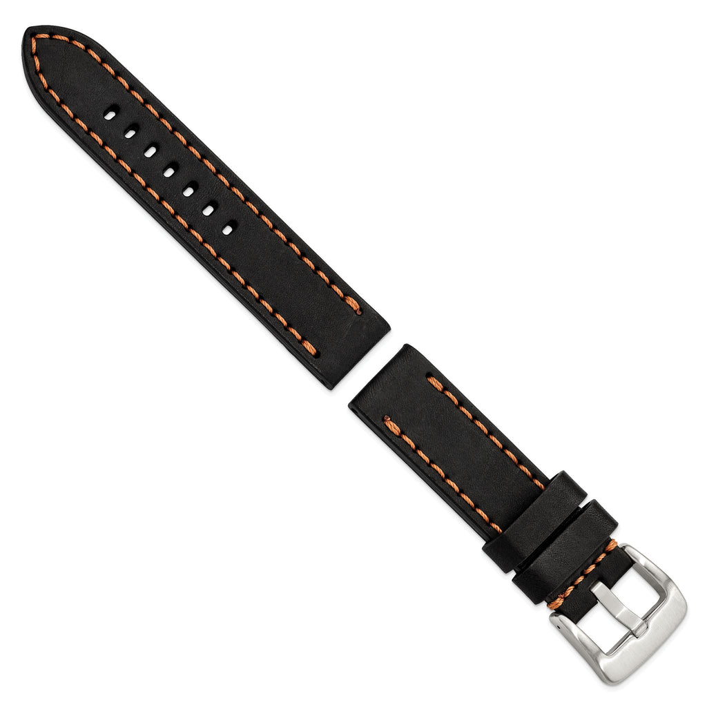 Black Sport Calfskin Leather Watch Band in Stainless Steel, 20mm - Sophia Jewelers