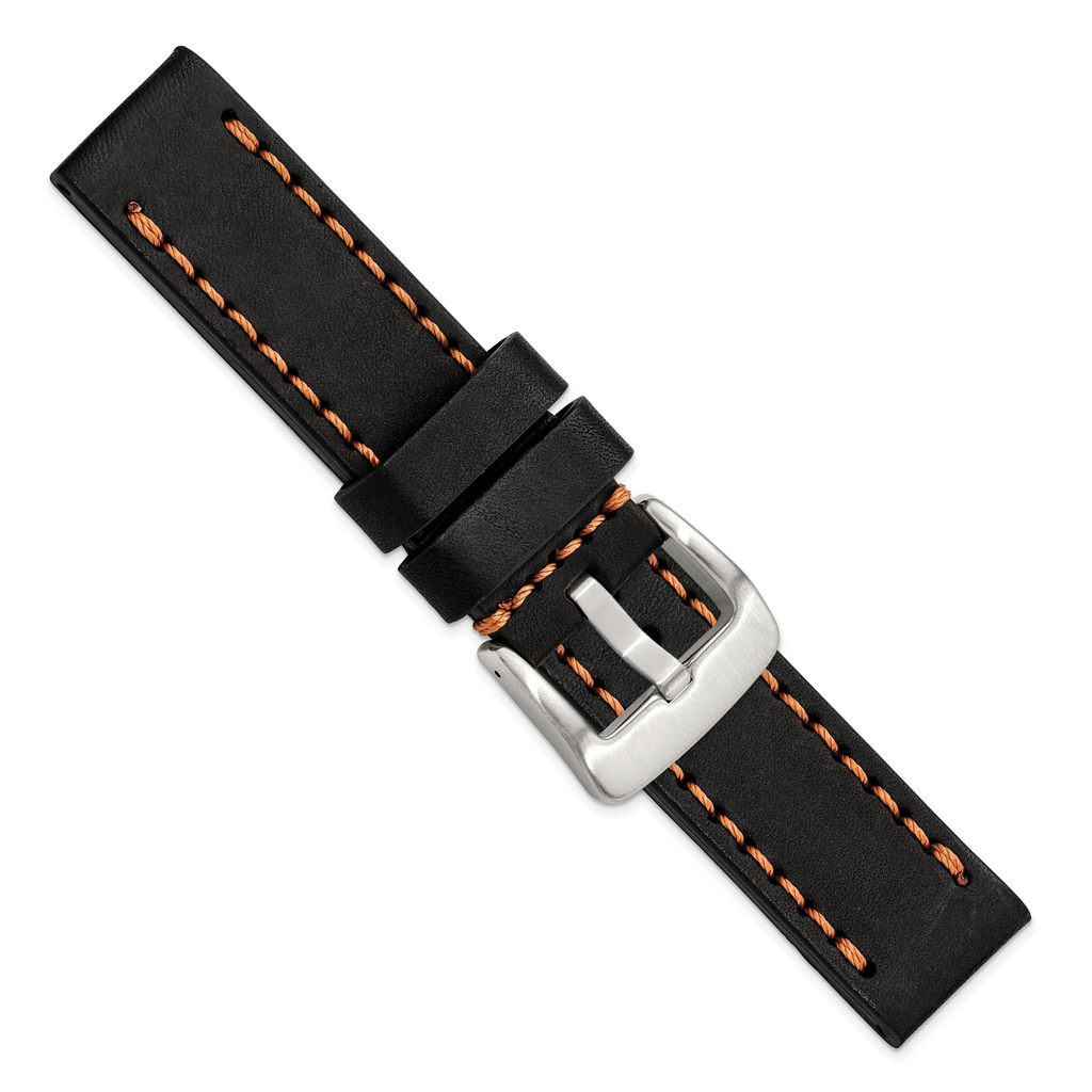 Black Calfskin Leather Watch Band with Brown Stitching and Silver-Tone Buckle 22mm