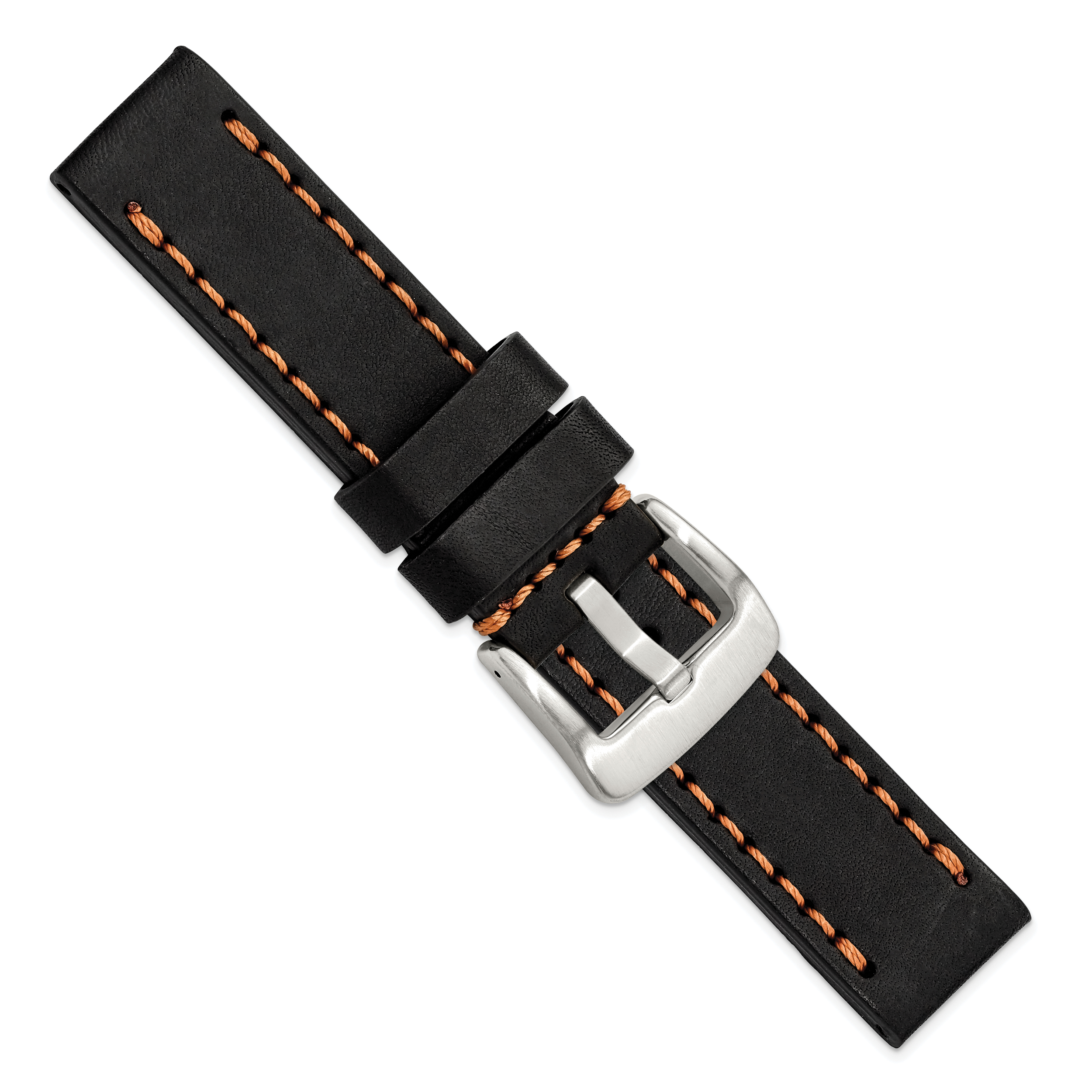 Black Calfskin Leather Watch Band with Brown Stitching and Silver-Tone Buckle 22mm