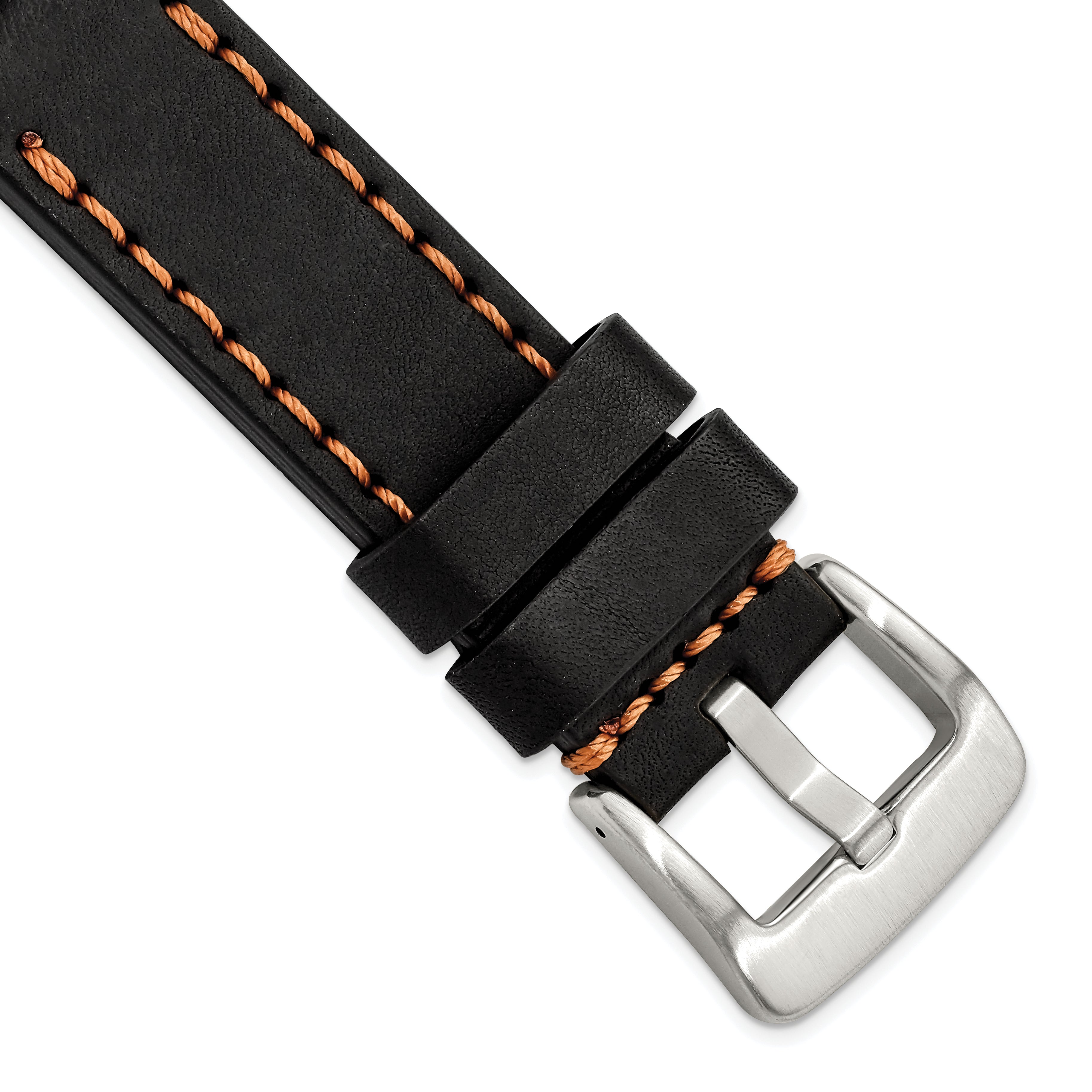 Black Calfskin Leather Watch Band with Brown Stitching and Silver-Tone Buckle 22mm