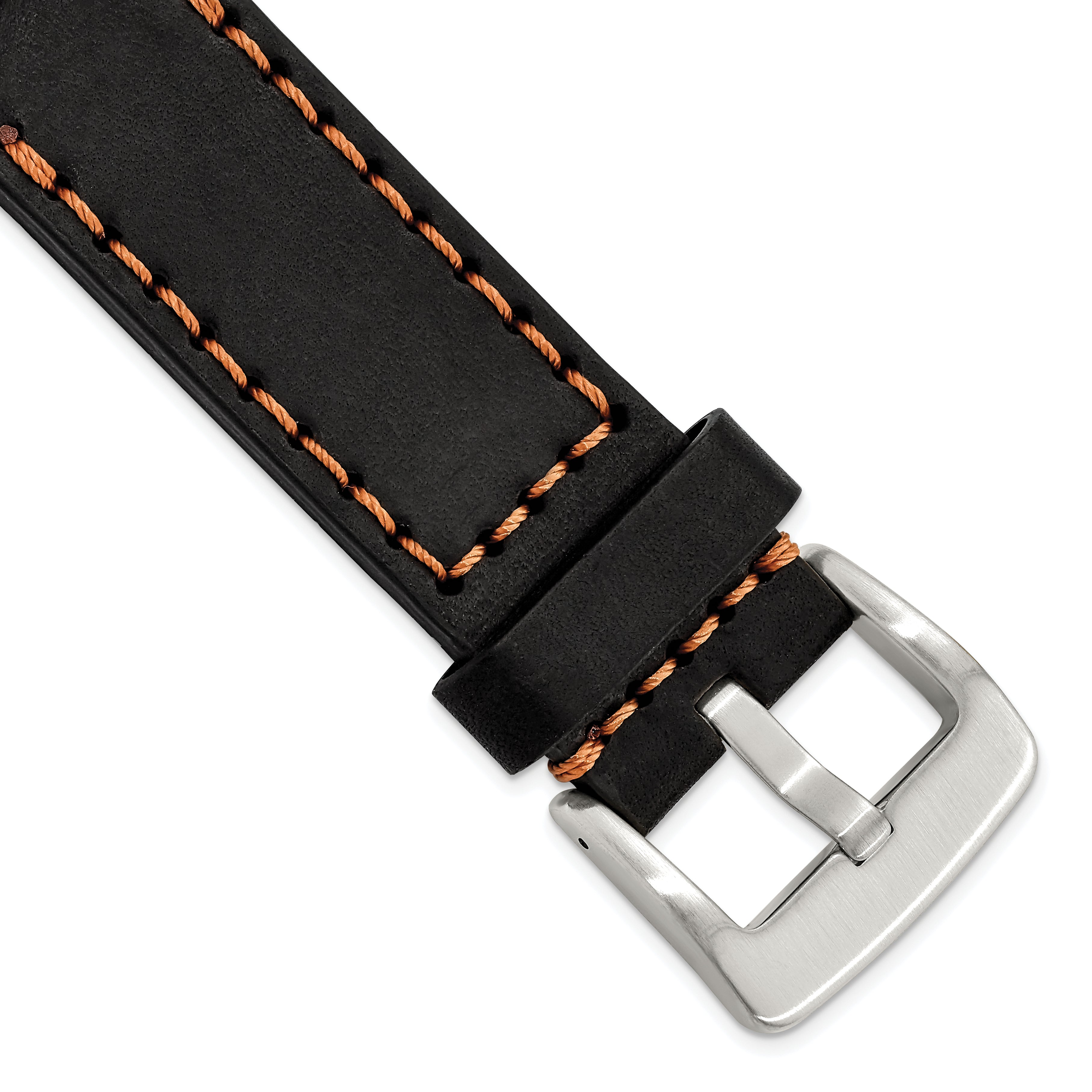 20mm Black Thick and Heavy Sport Calfskin Leather with Brown Stitching and Stainless Steel Buckle 8.1 inch Watch Band