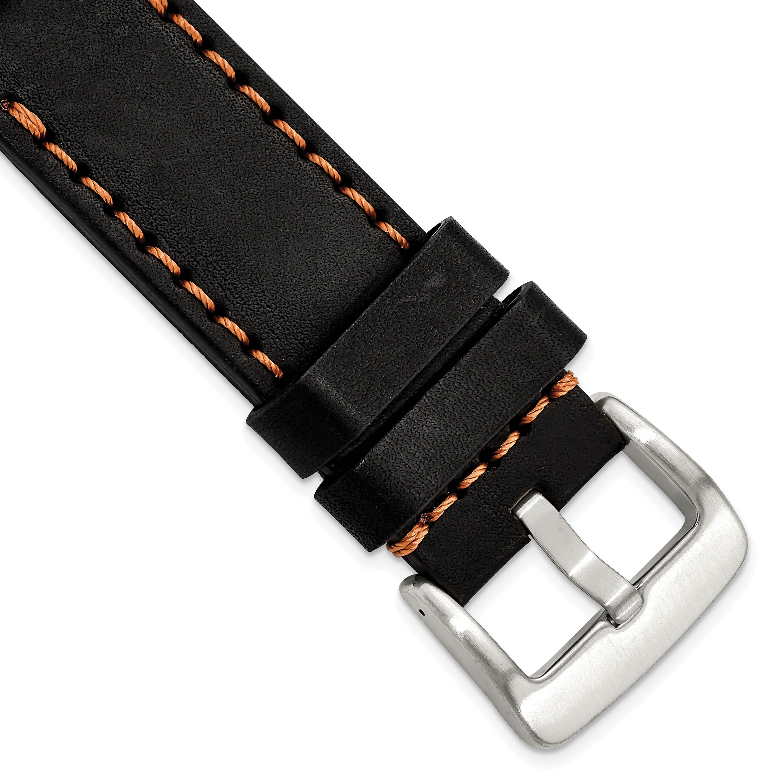 20mm Black Thick and Heavy Sport Calfskin Leather with Brown Stitching and Stainless Steel Buckle 8.1 inch Watch Band