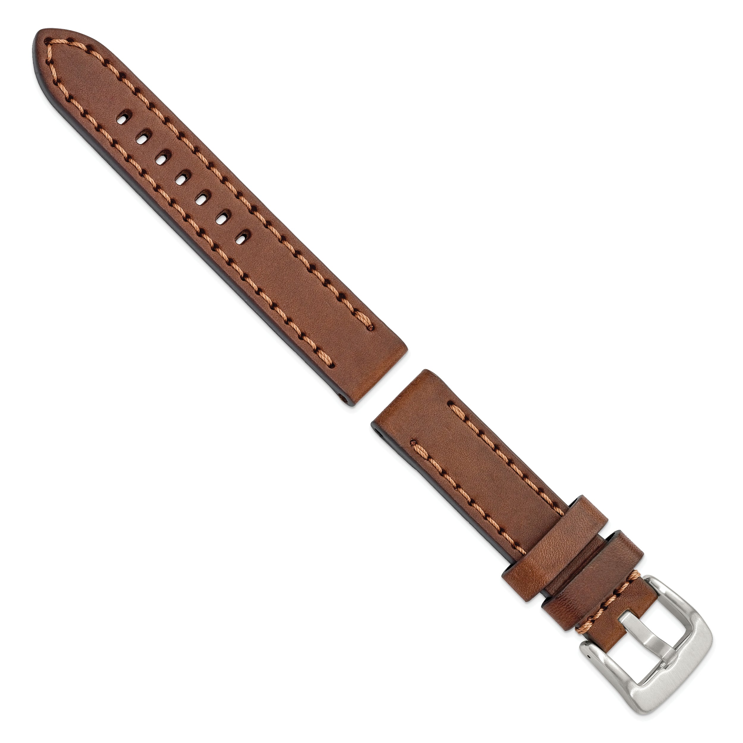 20mm Brown Thick and Heavy Sport Calfskin Leather with Brown Stitching and Stainless Steel Buckle 8.1 inch Watch Band