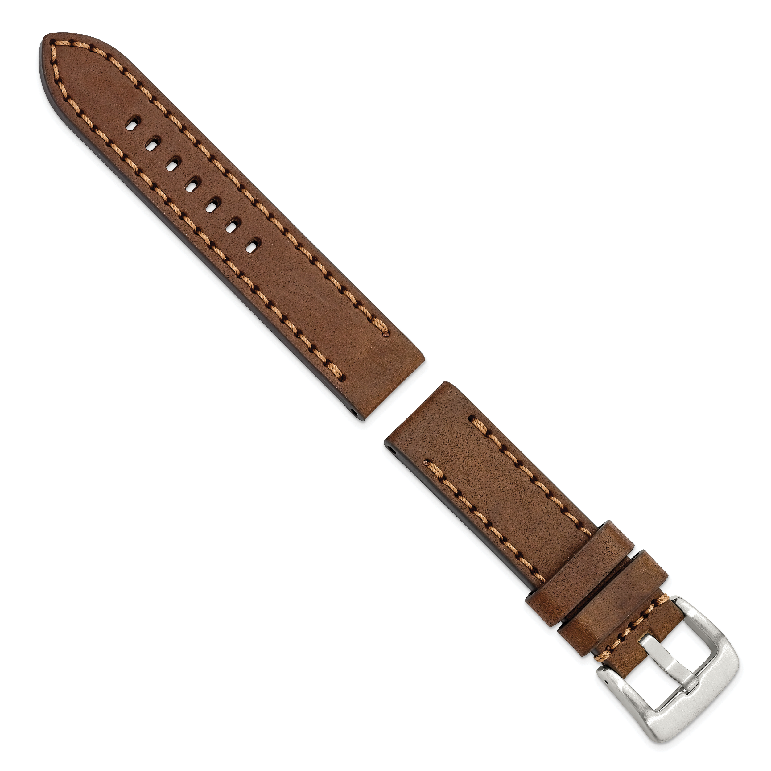 Brown Calfskin Leather Watch Band with Brown Stitching and Silver-Tone Buckle 22mm