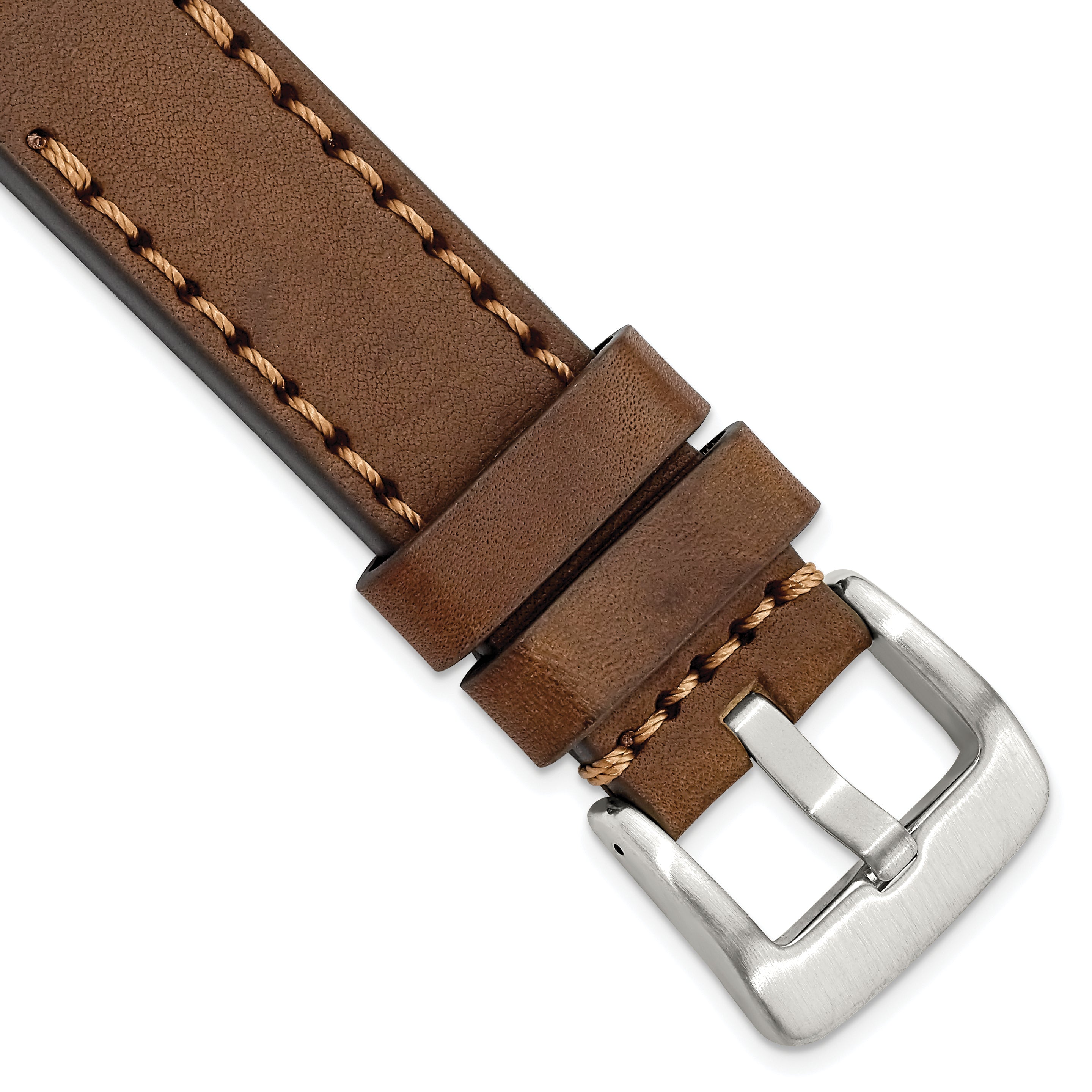 20mm Brown Thick and Heavy Sport Calfskin Leather with Brown Stitching and Stainless Steel Buckle 8.1 inch Watch Band