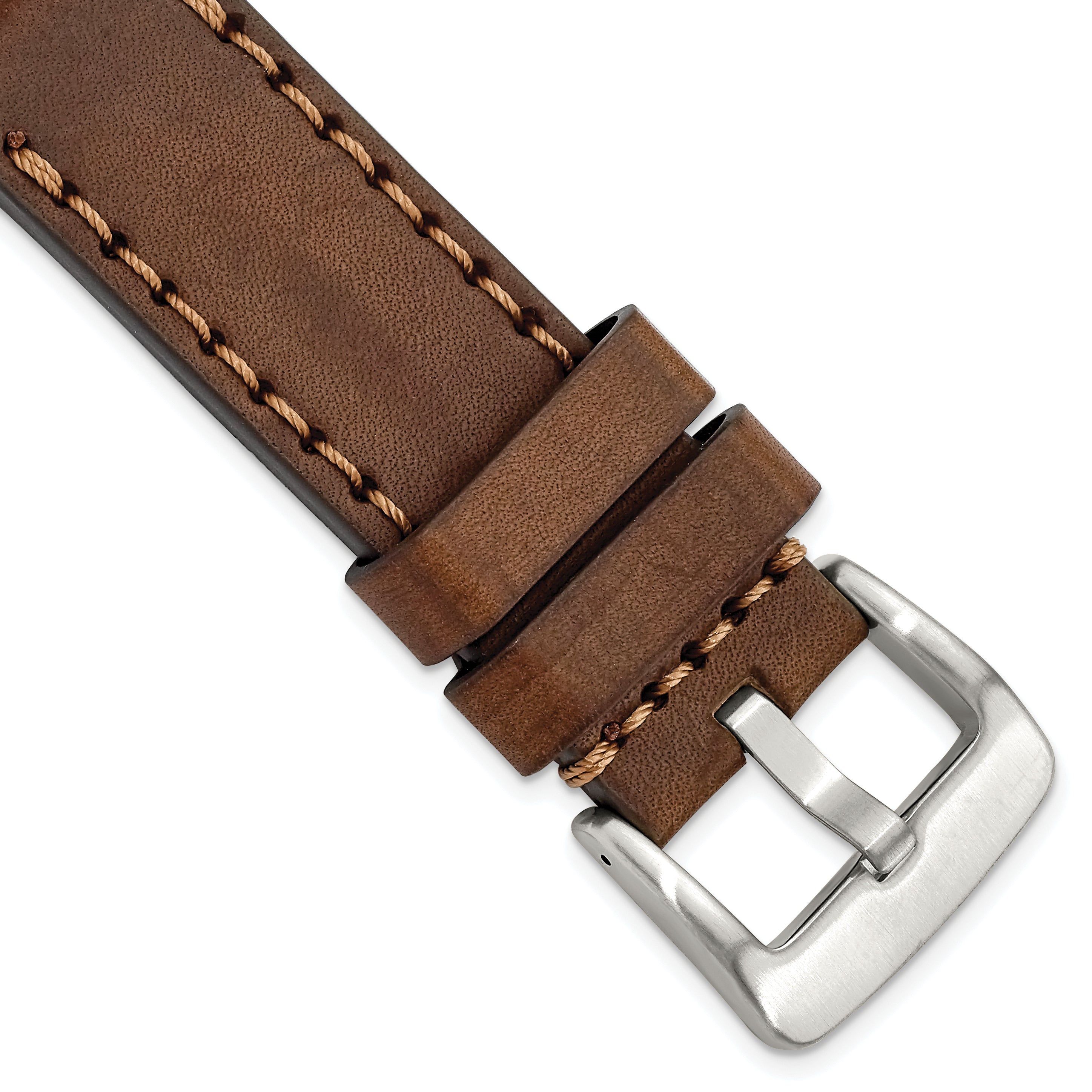 20mm Brown Thick and Heavy Sport Calfskin Leather with Brown Stitching and Stainless Steel Buckle 8.1 inch Watch Band