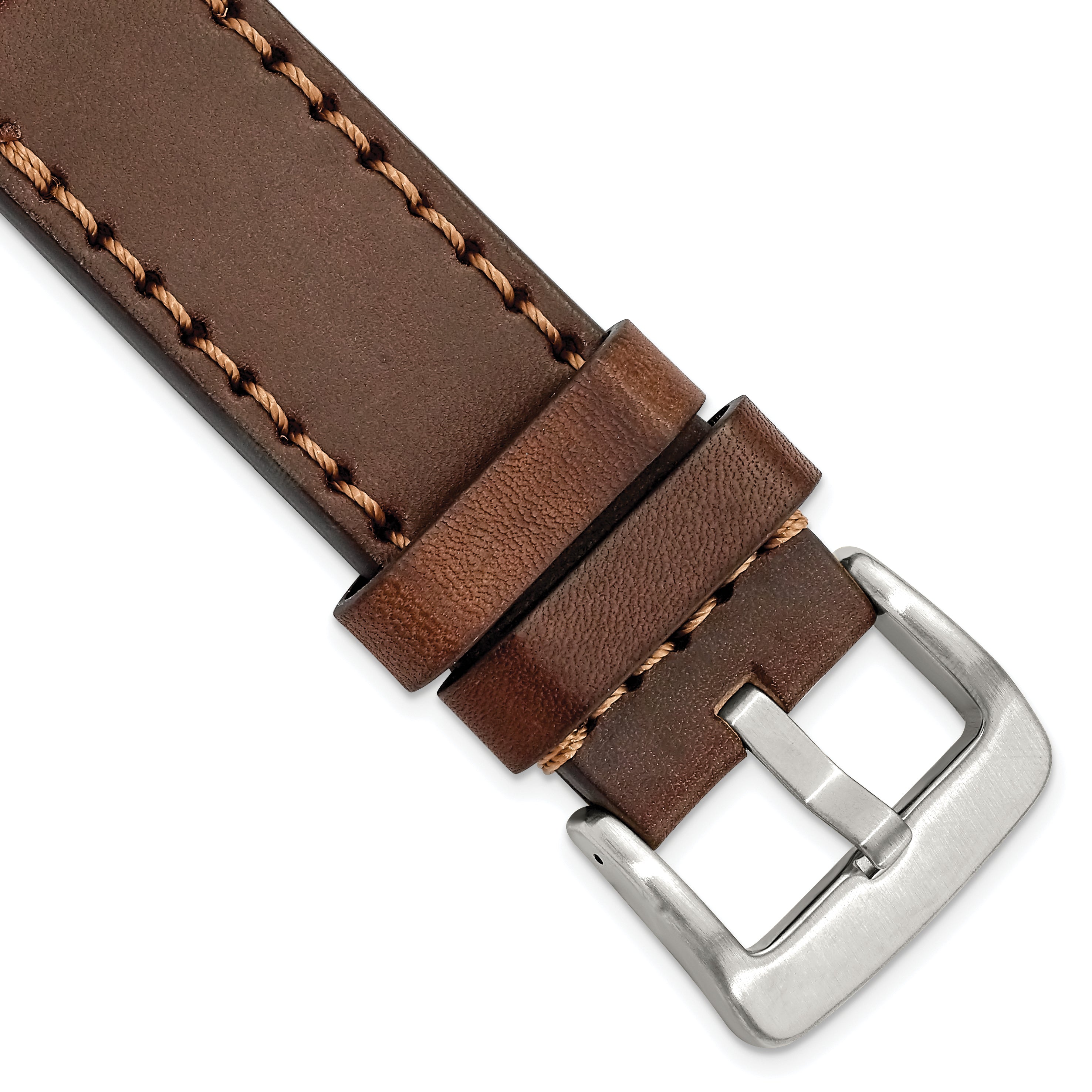 20mm Brown Thick and Heavy Sport Calfskin Leather with Brown Stitching and Stainless Steel Buckle 8.1 inch Watch Band