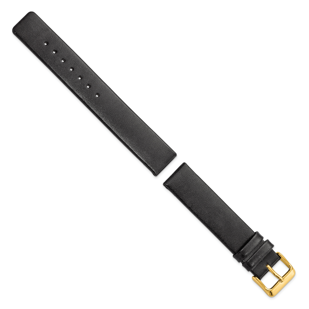 18mm Black Italian Calfskin Leather with Square End Gold-tone Buckle 7.75 inch Watch Band