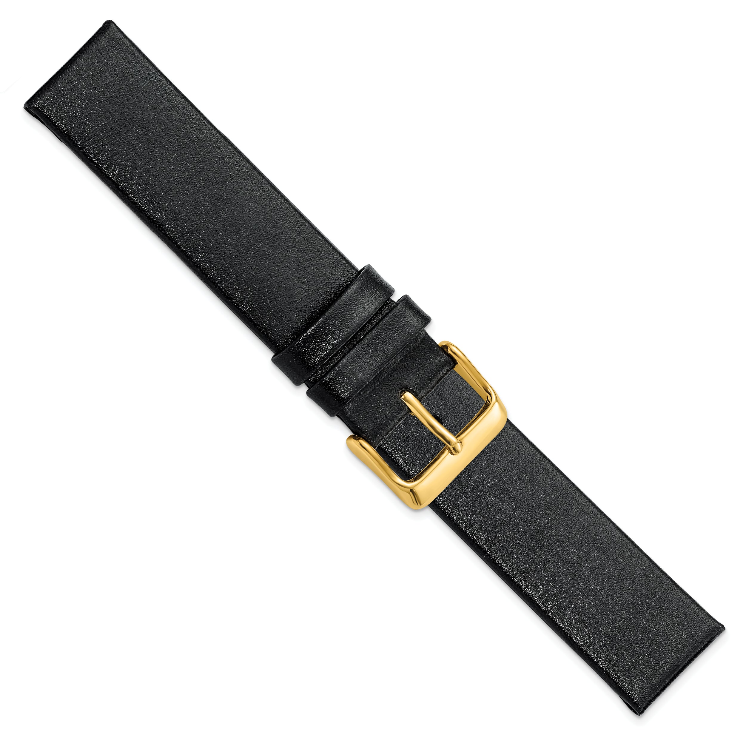 20mm Black Italian Calfskin Leather with Square End Gold-tone Buckle 7.75 inch Watch Band