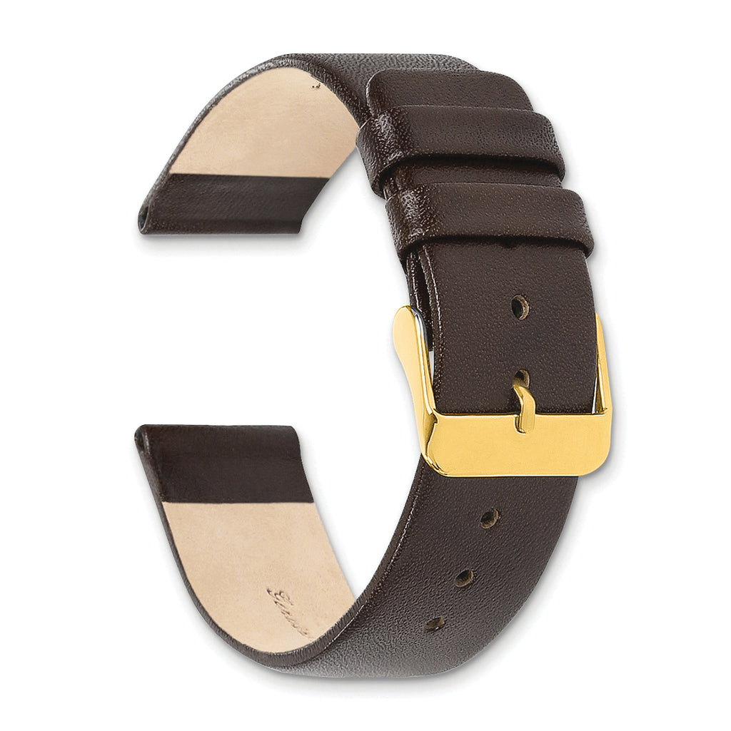 18mm Dark Brown Italian Calfskin Leather with Square End Gold-tone Buckle 7.75 inch Watch Band