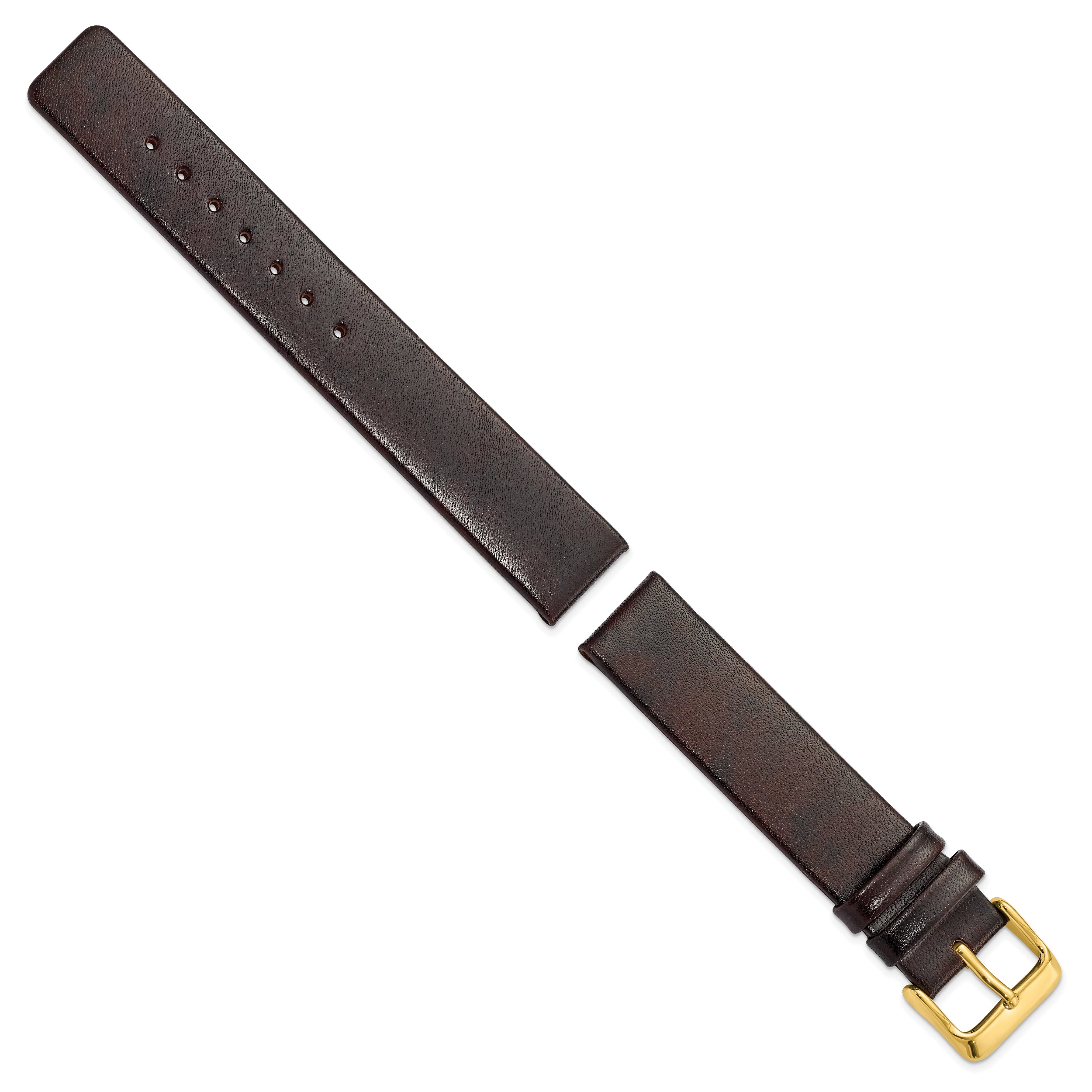 18mm Dark Brown Italian Calfskin Leather with Square End Gold-tone Buckle 7.75 inch Watch Band