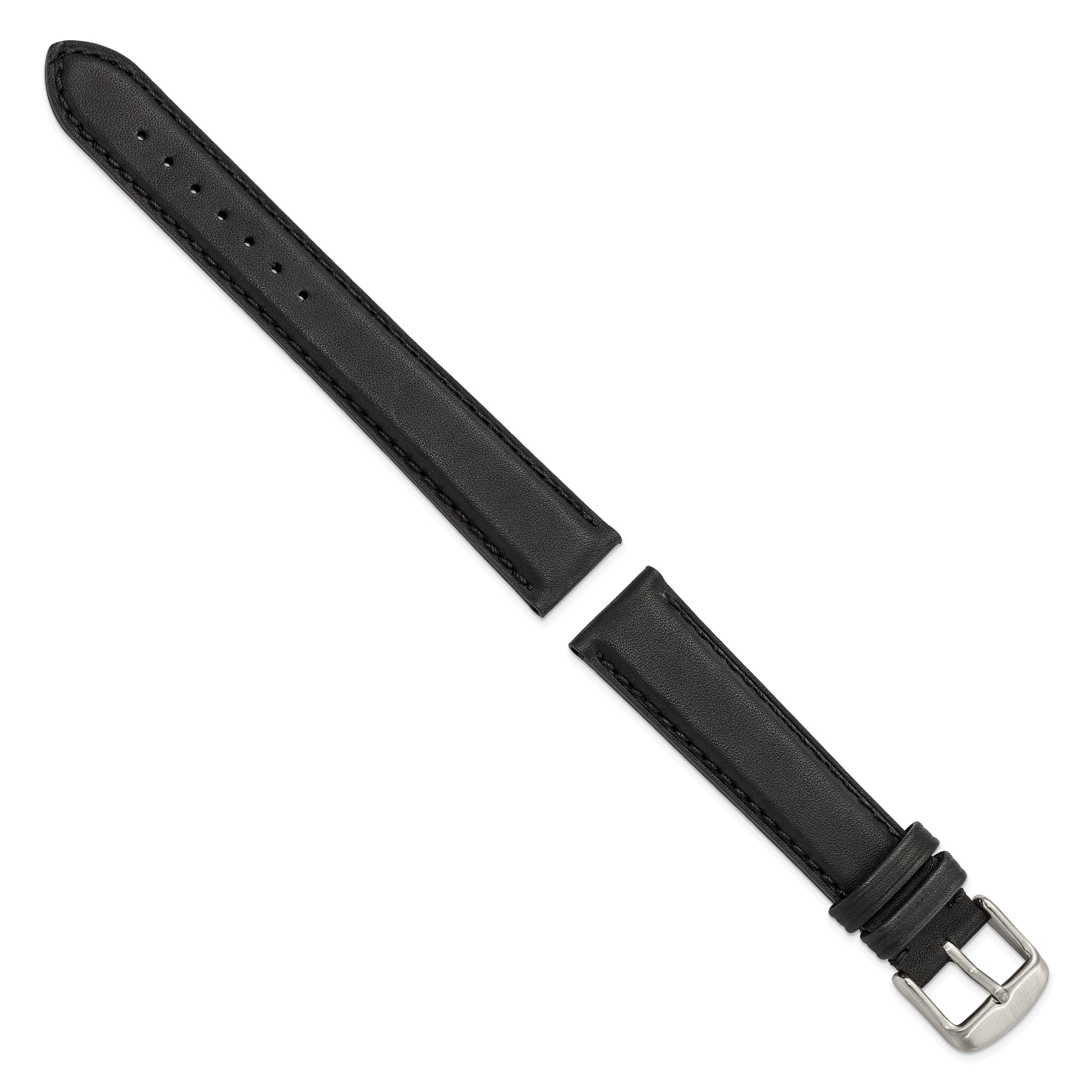 18mm Black Full Oil Leather with Brushed Silver-tone Steel 7.75 inch Watch Band