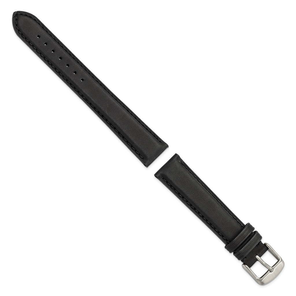 18mm Black Full Oil Leather with Brushed Silver-tone Steel 7.75 inch Watch Band