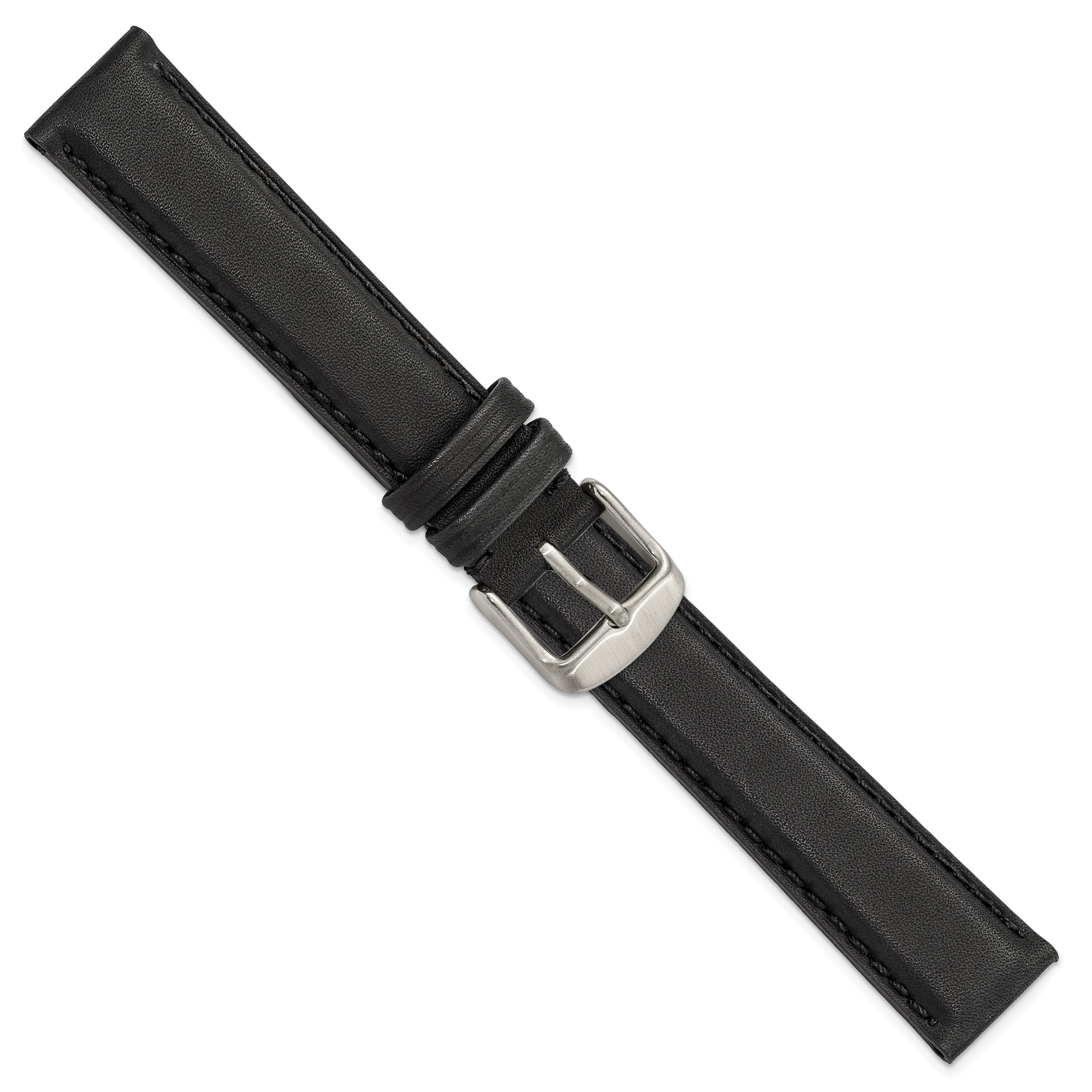 18mm Black Full Oil Leather with Brushed Silver-tone Steel 7.75 inch Watch Band