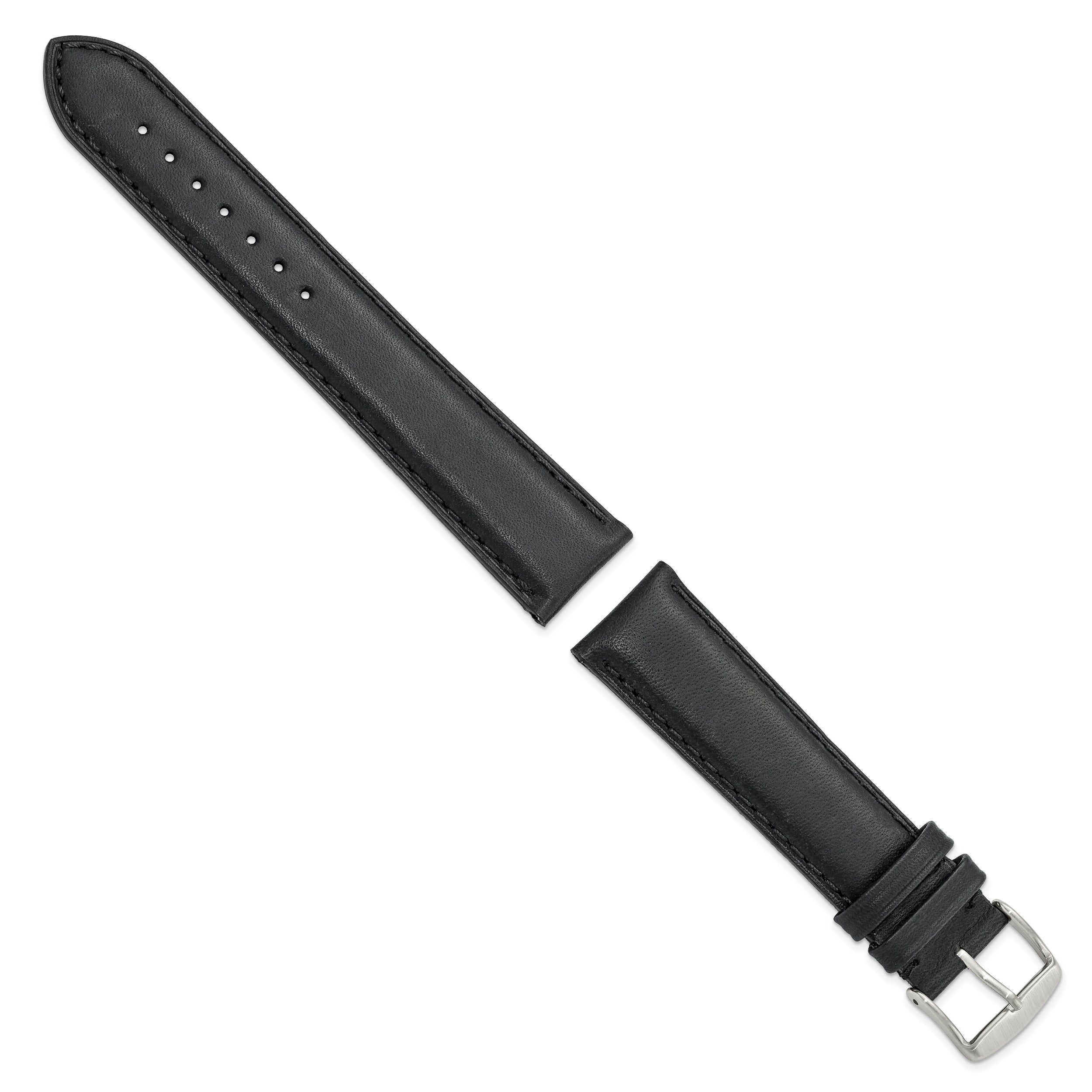 20mm Black Full Oil Leather with Brushed Silver-tone Steel 7.75 inch Watch Band