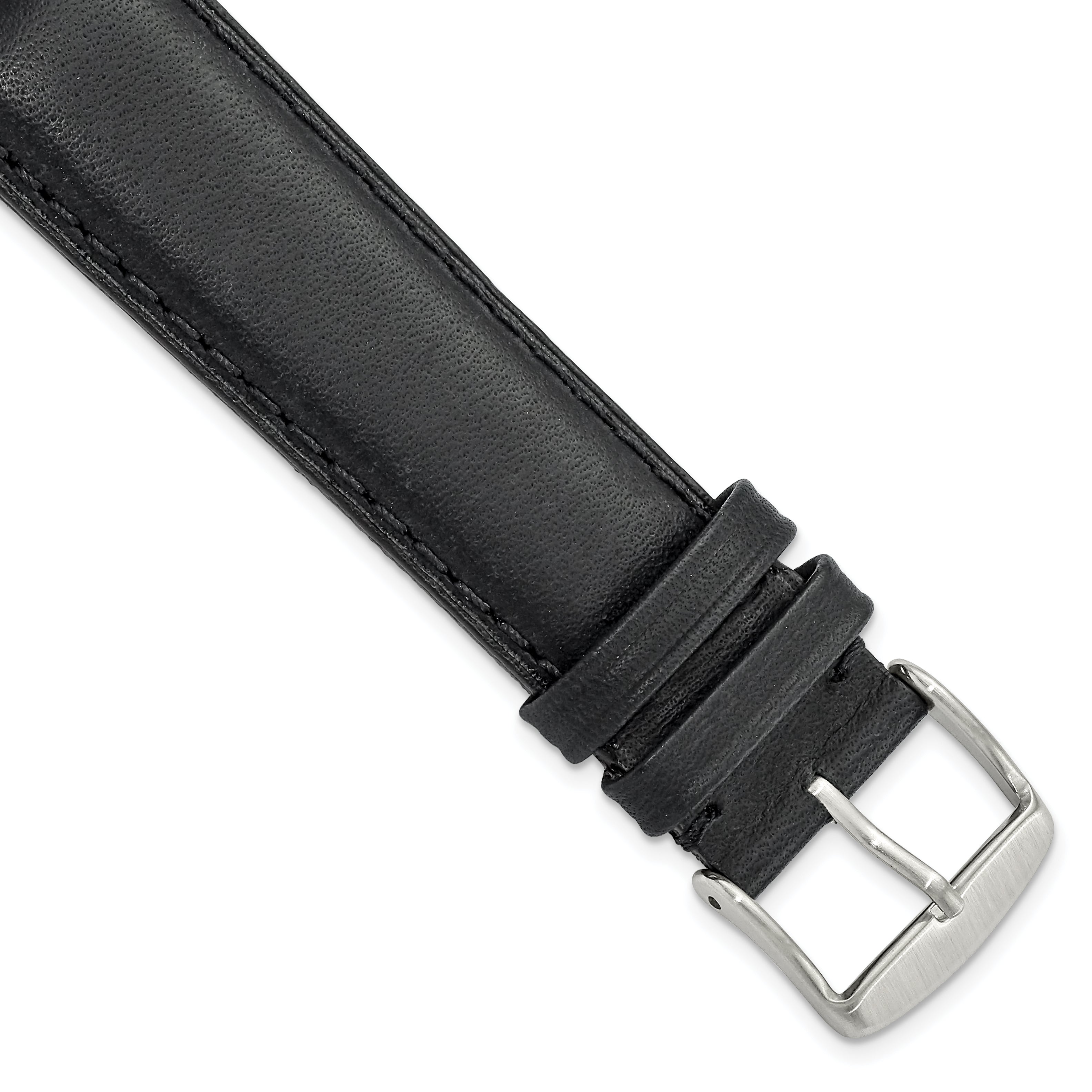 20mm Black Full Oil Leather with Brushed Silver-tone Steel 7.75 inch Watch Band