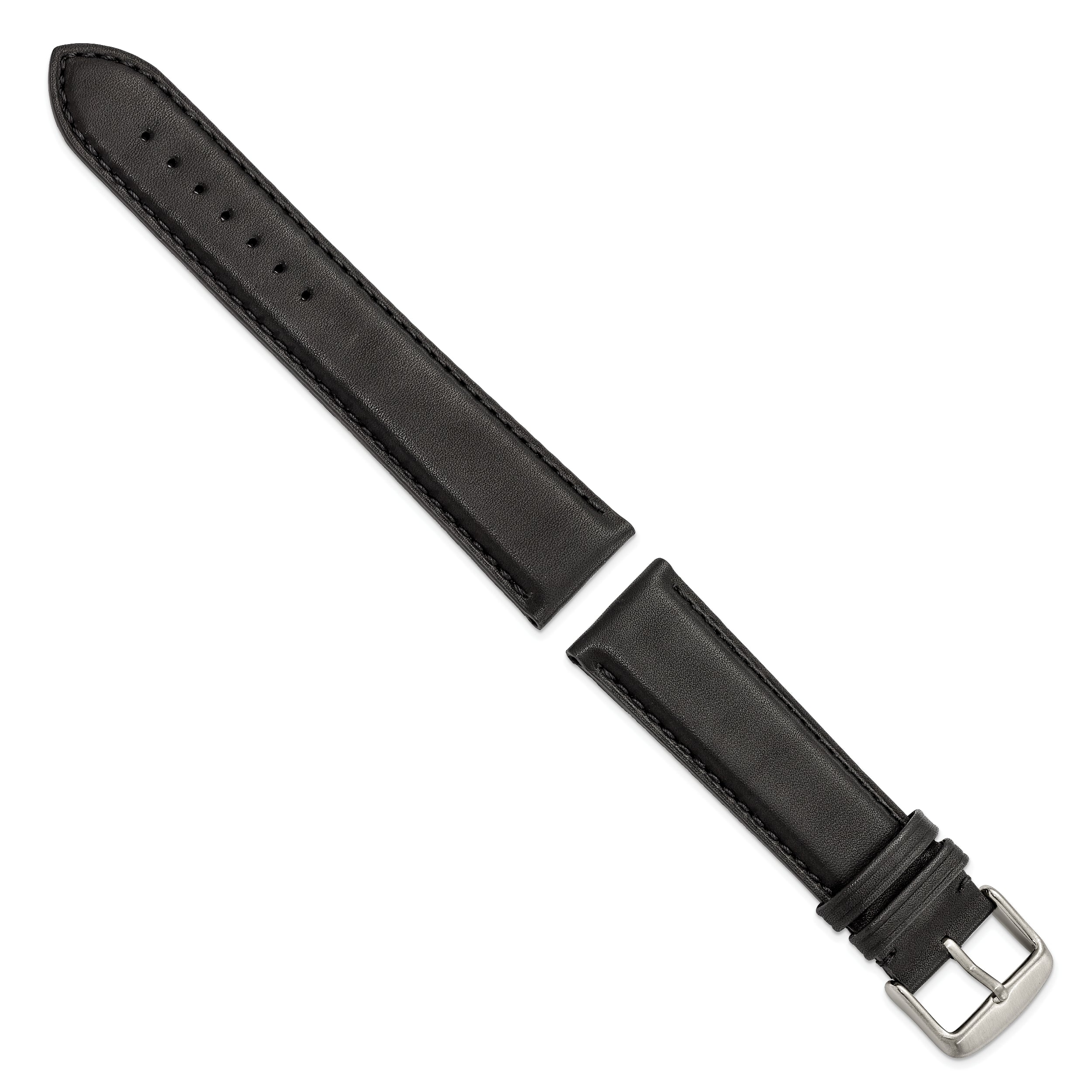 22mm Black Full Oil Leather with Brushed Silver-tone Steel 7.75 inch Watch Band