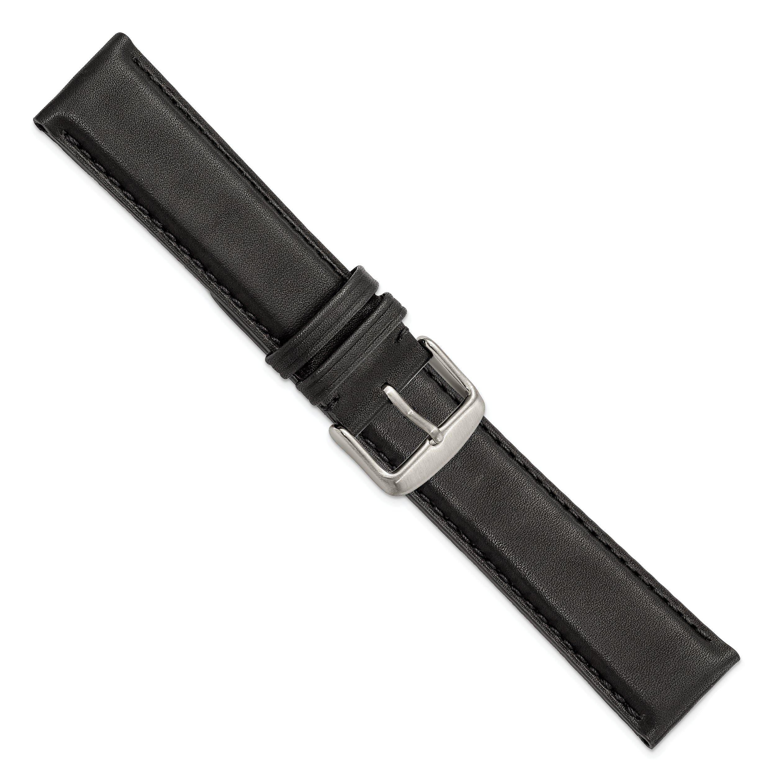 22mm Black Full Oil Leather with Brushed Silver-tone Steel 7.75 inch Watch Band