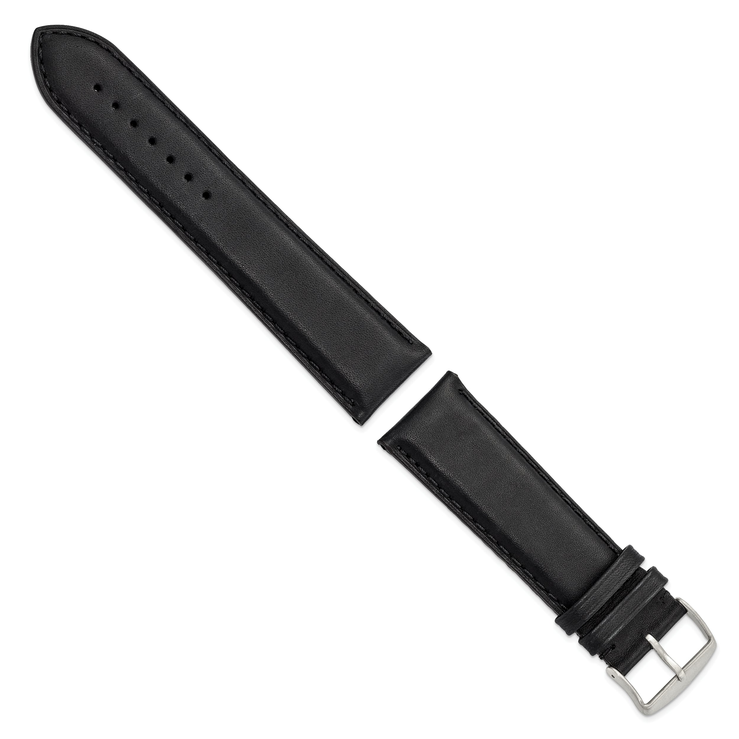 24mm Black Full Oil Leather with Brushed Silver-tone Steel 7.75 inch Watch Band