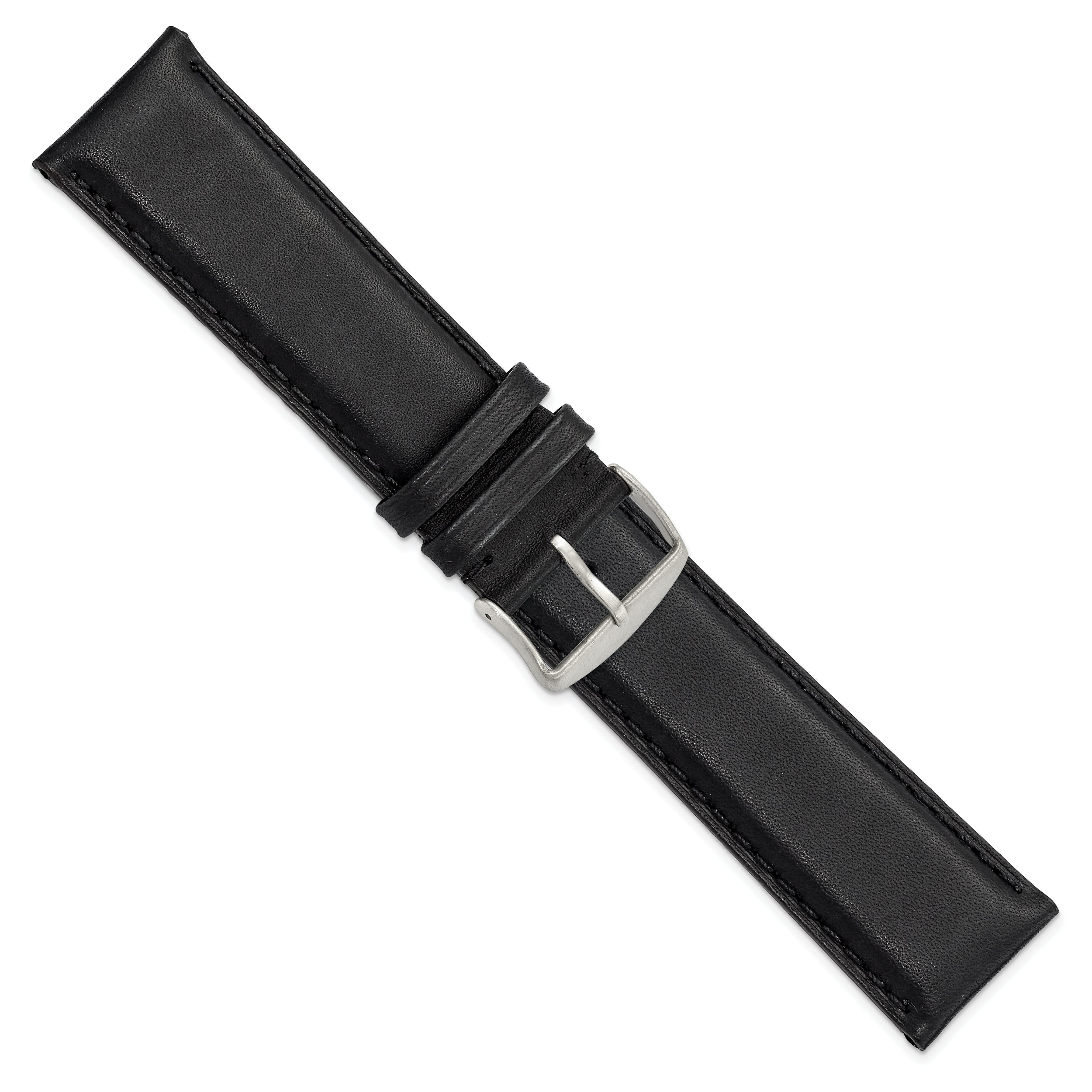 24mm Black Full Oil Leather with Brushed Silver-tone Steel 7.75 inch Watch Band