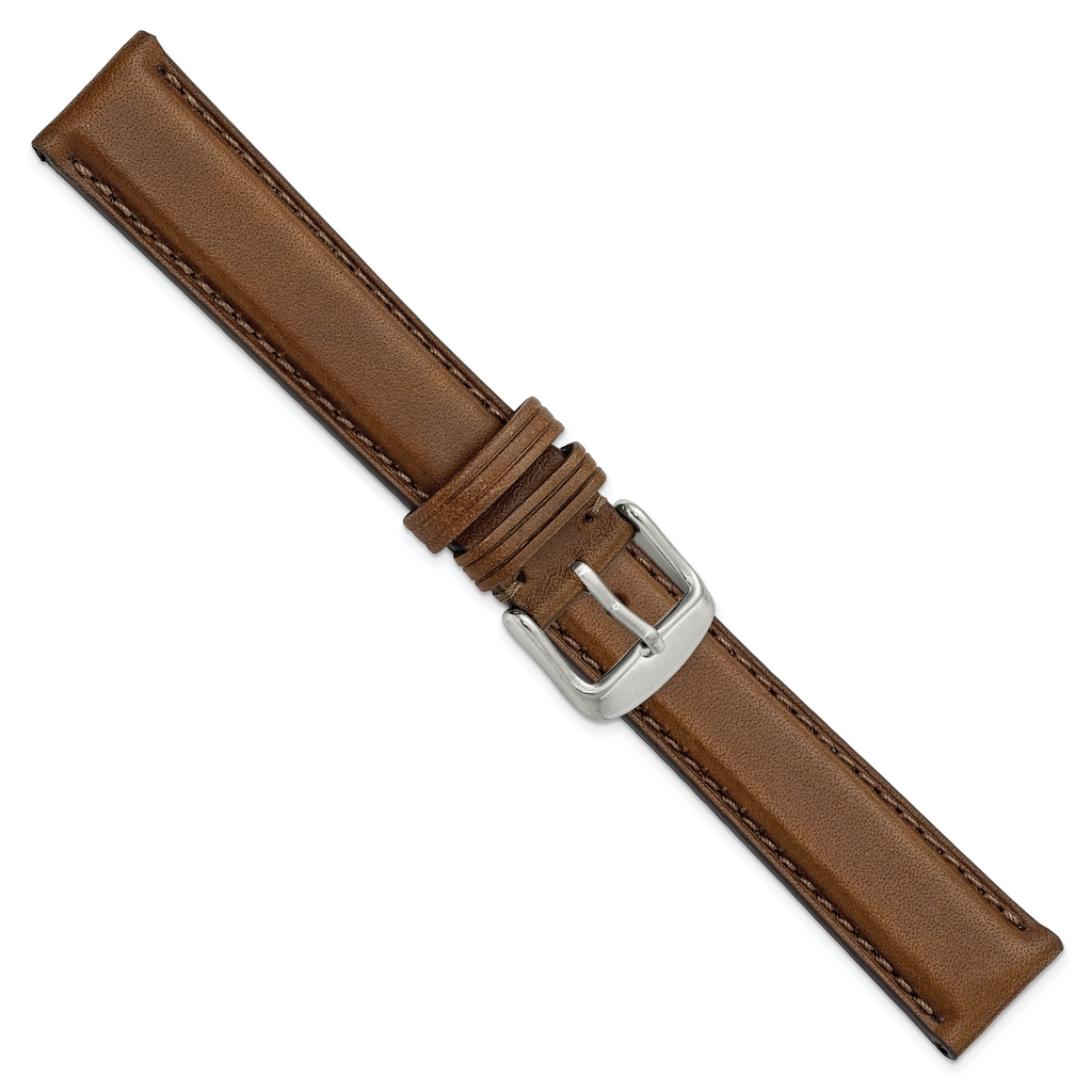 18mm Brown Full Oil Leather with Brushed Silver-tone Steel 7.75 inch Watch Band - Sophia Jewelers