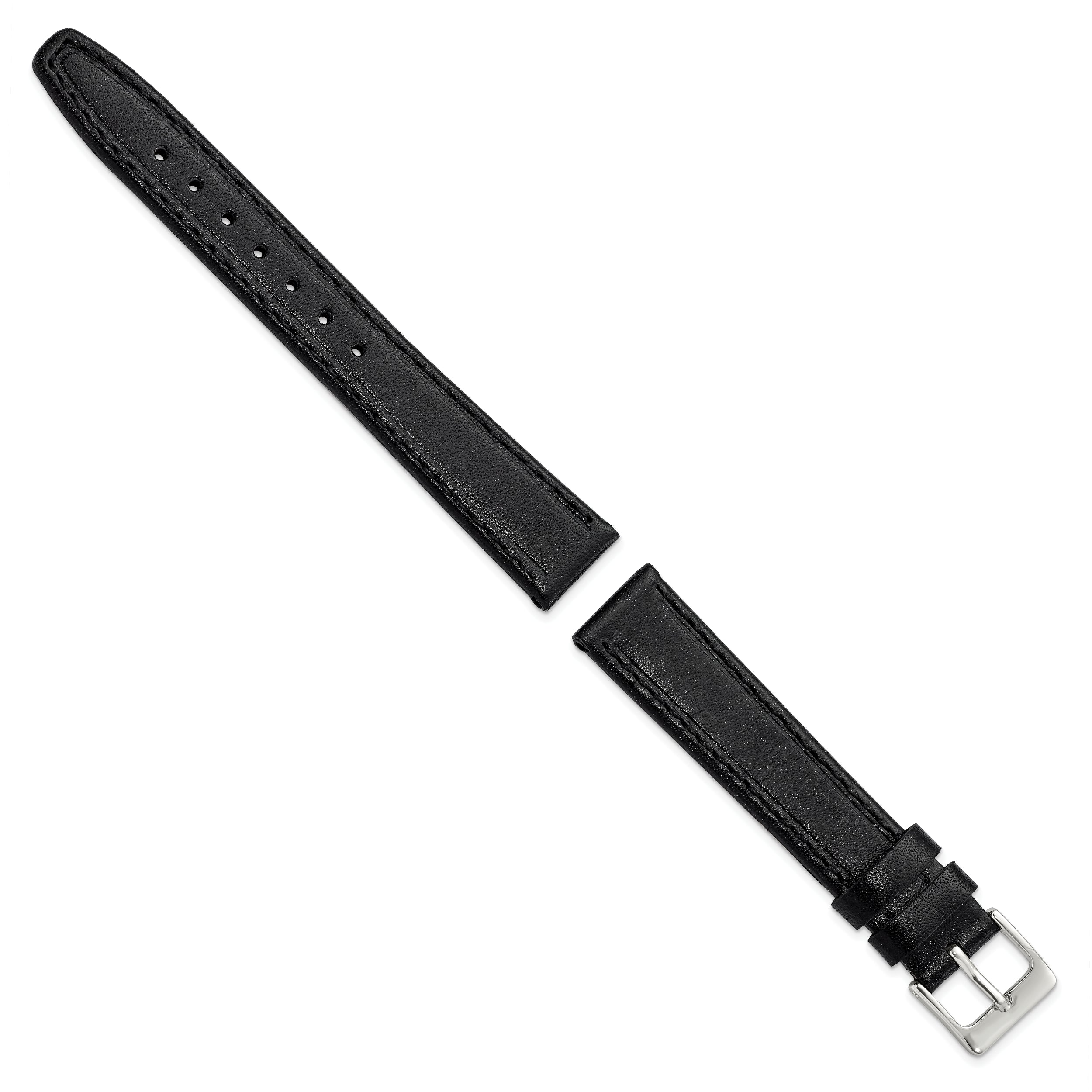 16mm Black Genuine Calf Leather with Silver-tone Buckle 7.5 inch Watch Band
