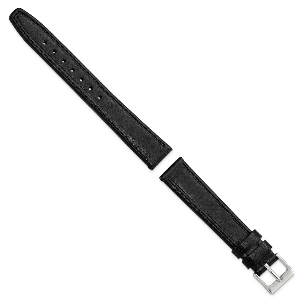 16mm Black Genuine Calf Leather with Silver-tone Buckle 7.5 inch Watch Band