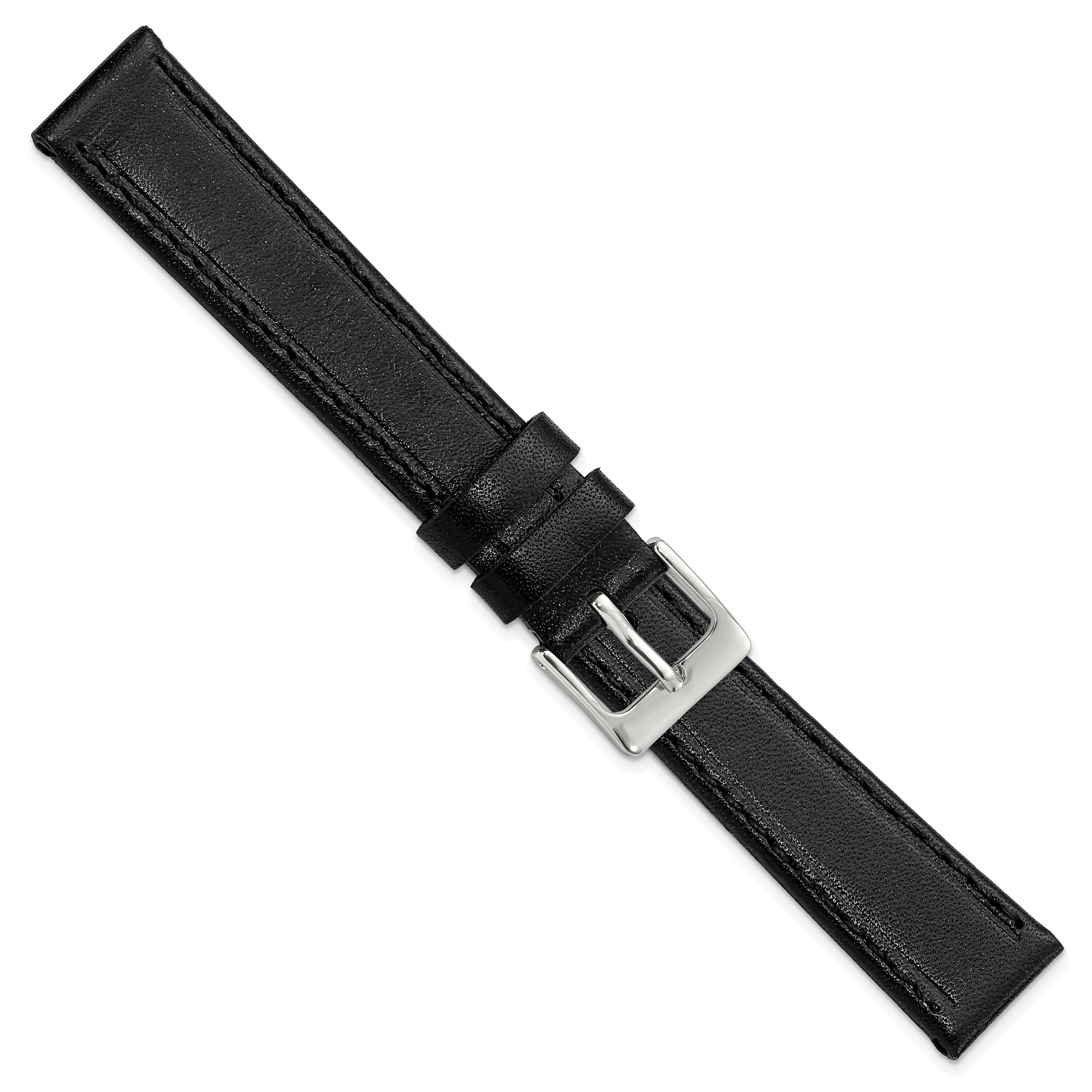 16mm Black Genuine Calf Leather with Silver-tone Buckle 7.5 inch Watch Band