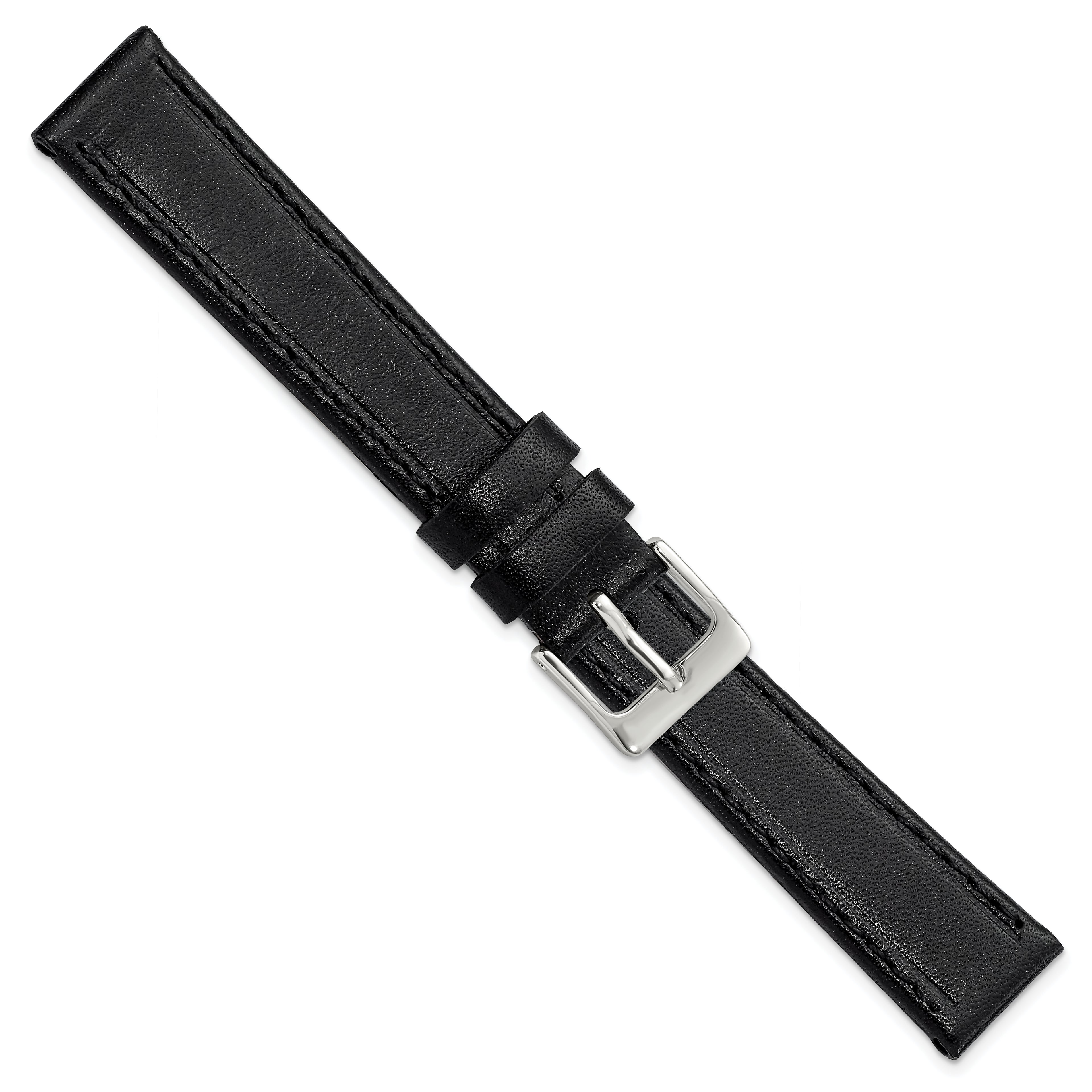 16mm Black Genuine Calf Leather with Silver-tone Buckle 7.5 inch Watch Band