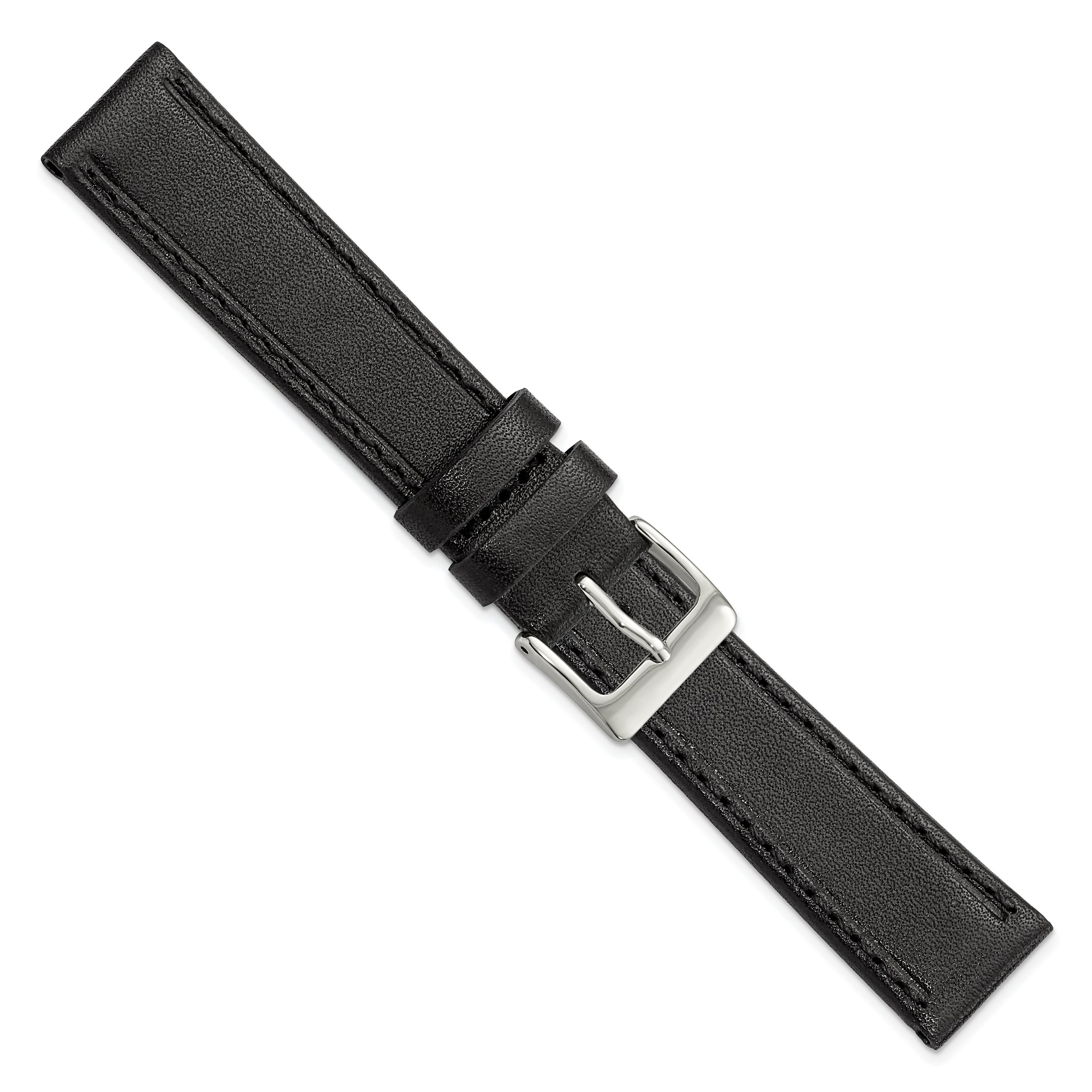 18mm Black Genuine Calf Leather with Silver-tone Buckle 7.5 inch Watch Band