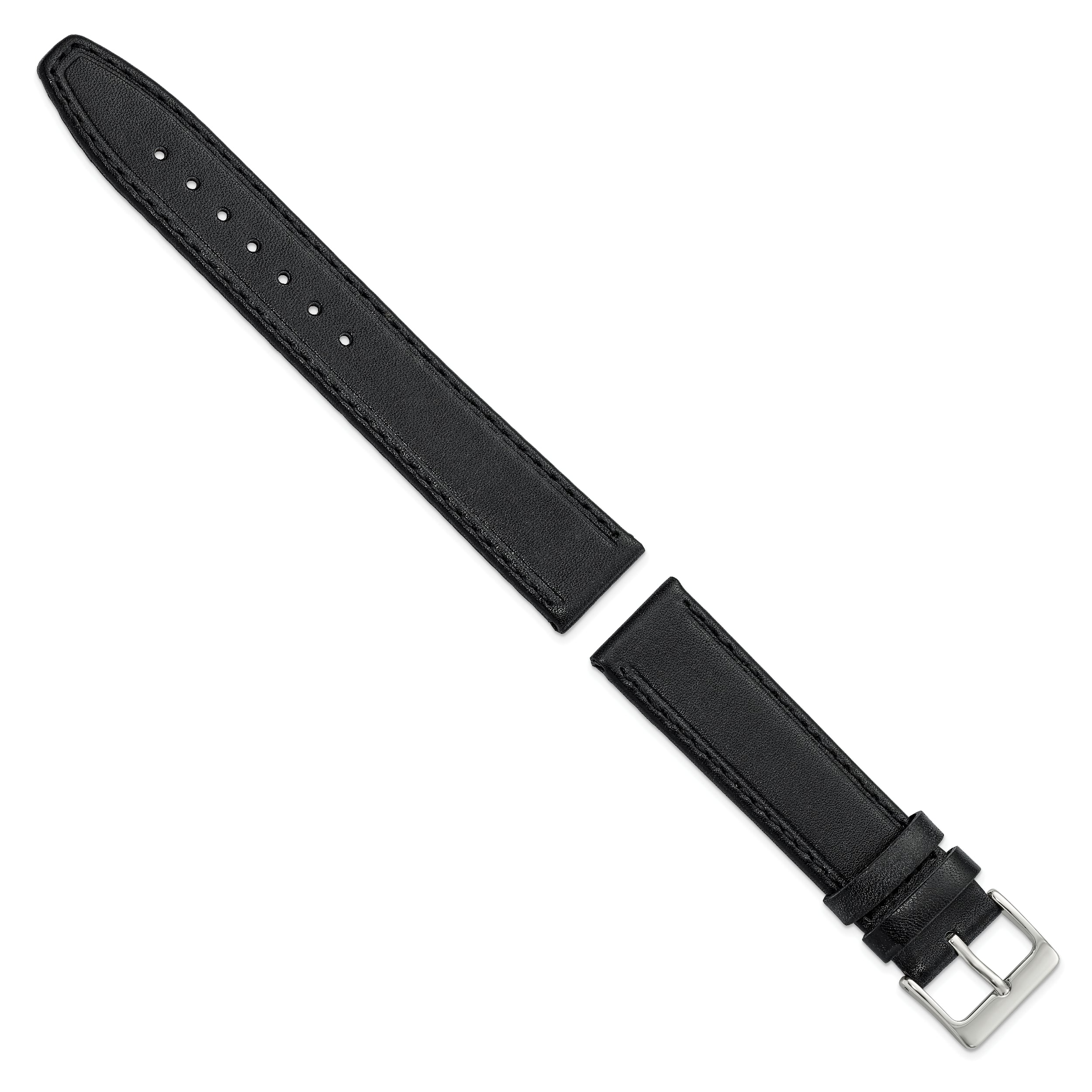 19mm Black Genuine Calf Leather with Silver-tone Buckle 7.5 inch Watch Band