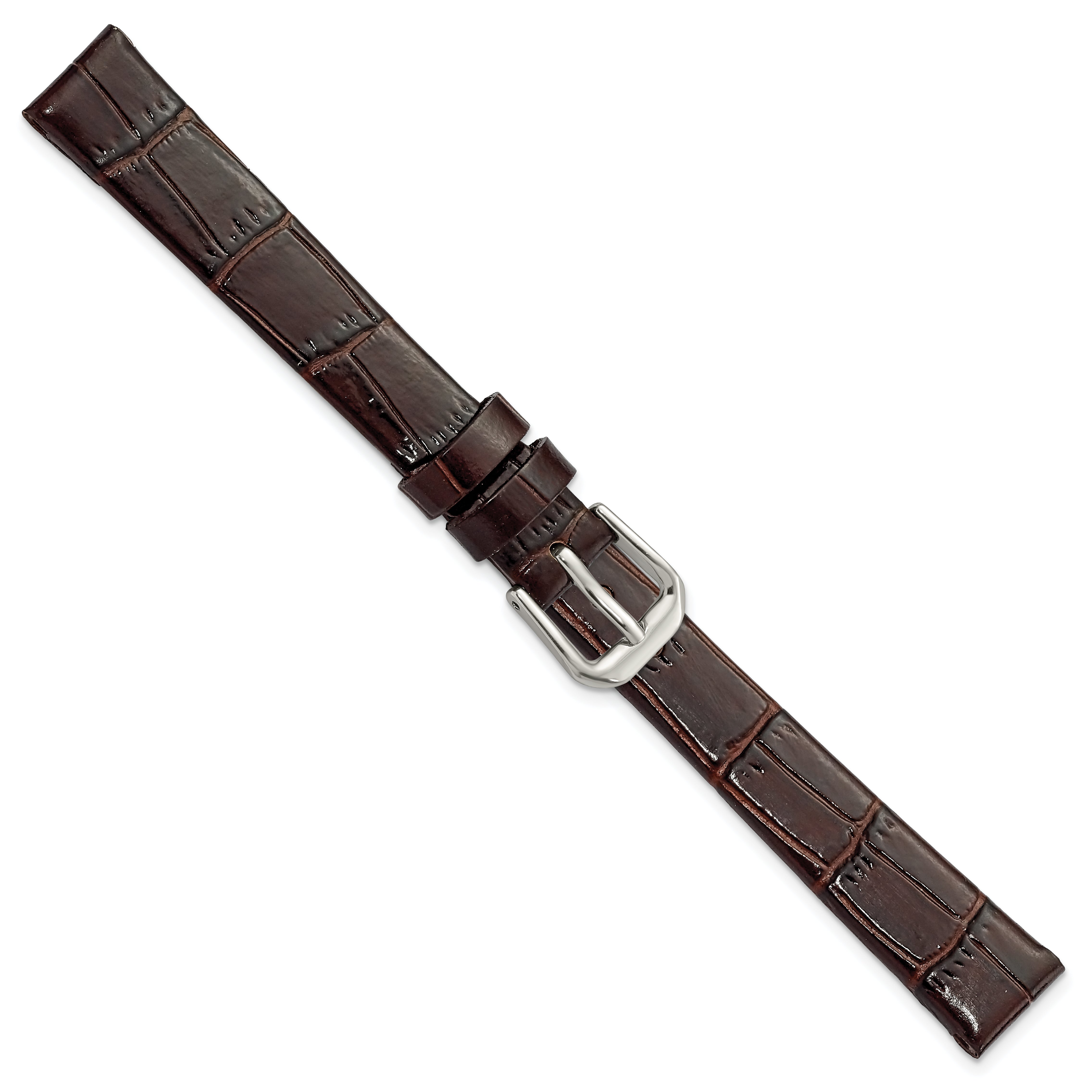 14mm Dark Brown Flat Alligator Grain Leather with Silver-tone Buckle 7.5 inch Watch Band