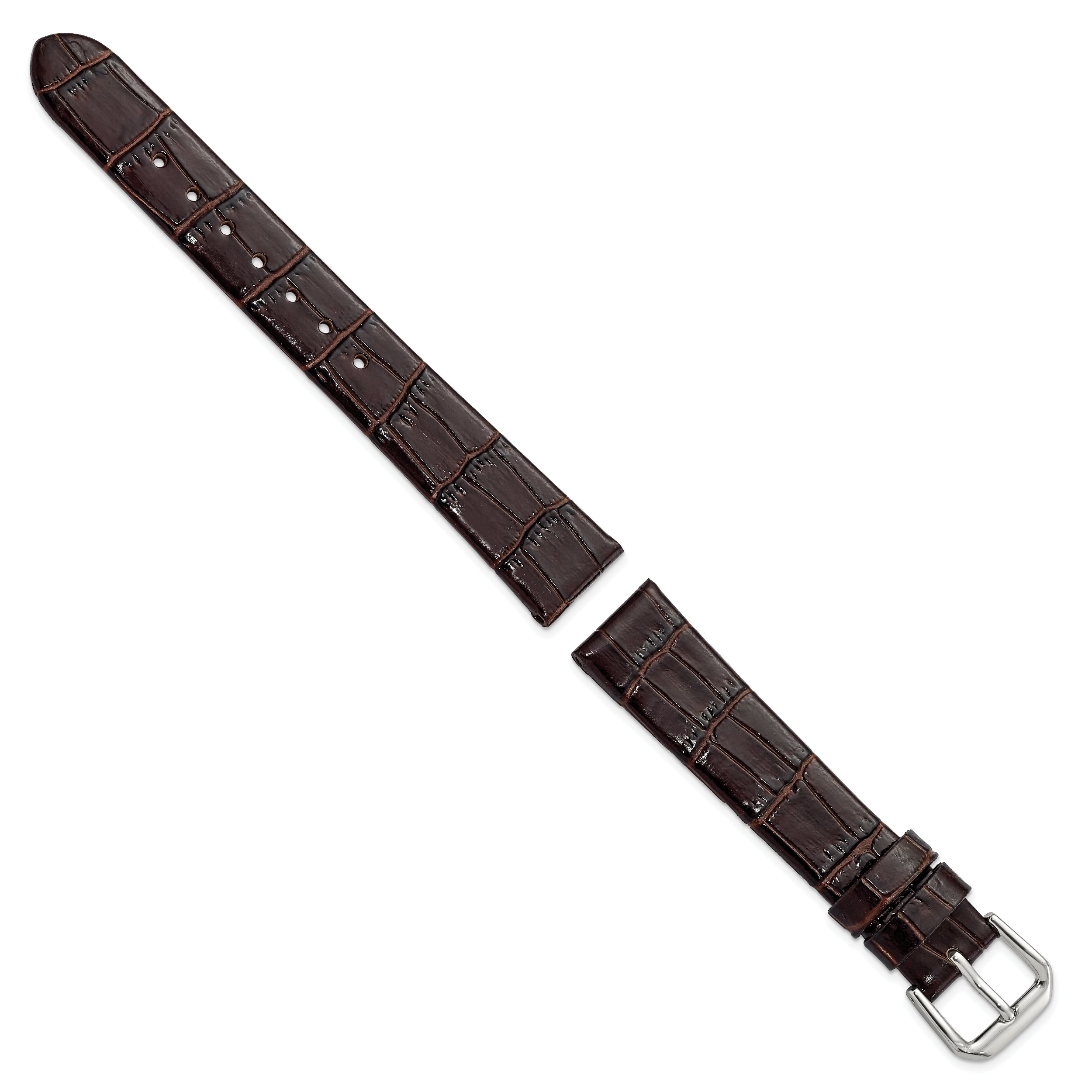 16mm Dark Brown Flat Alligator Grain Leather with Silver-tone Buckle 7.5 inch Watch Band