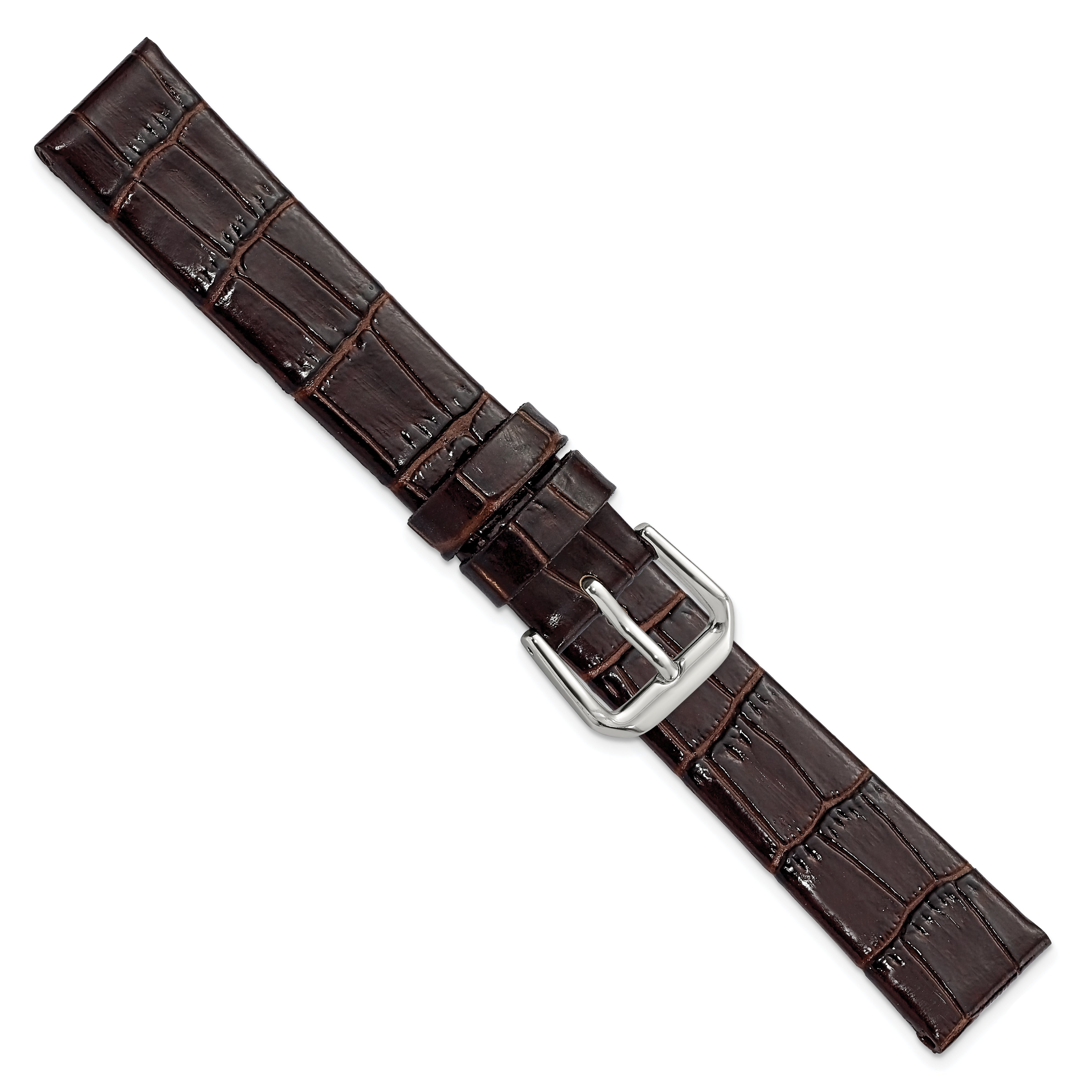 16mm Dark Brown Flat Alligator Grain Leather with Silver-tone Buckle 7.5 inch Watch Band
