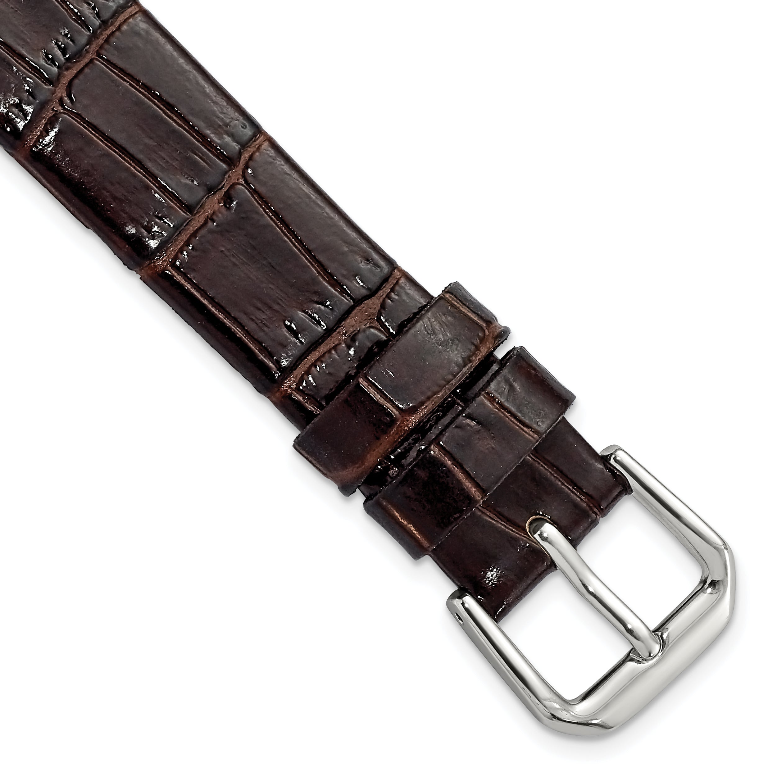 16mm Dark Brown Flat Alligator Grain Leather with Silver-tone Buckle 7.5 inch Watch Band