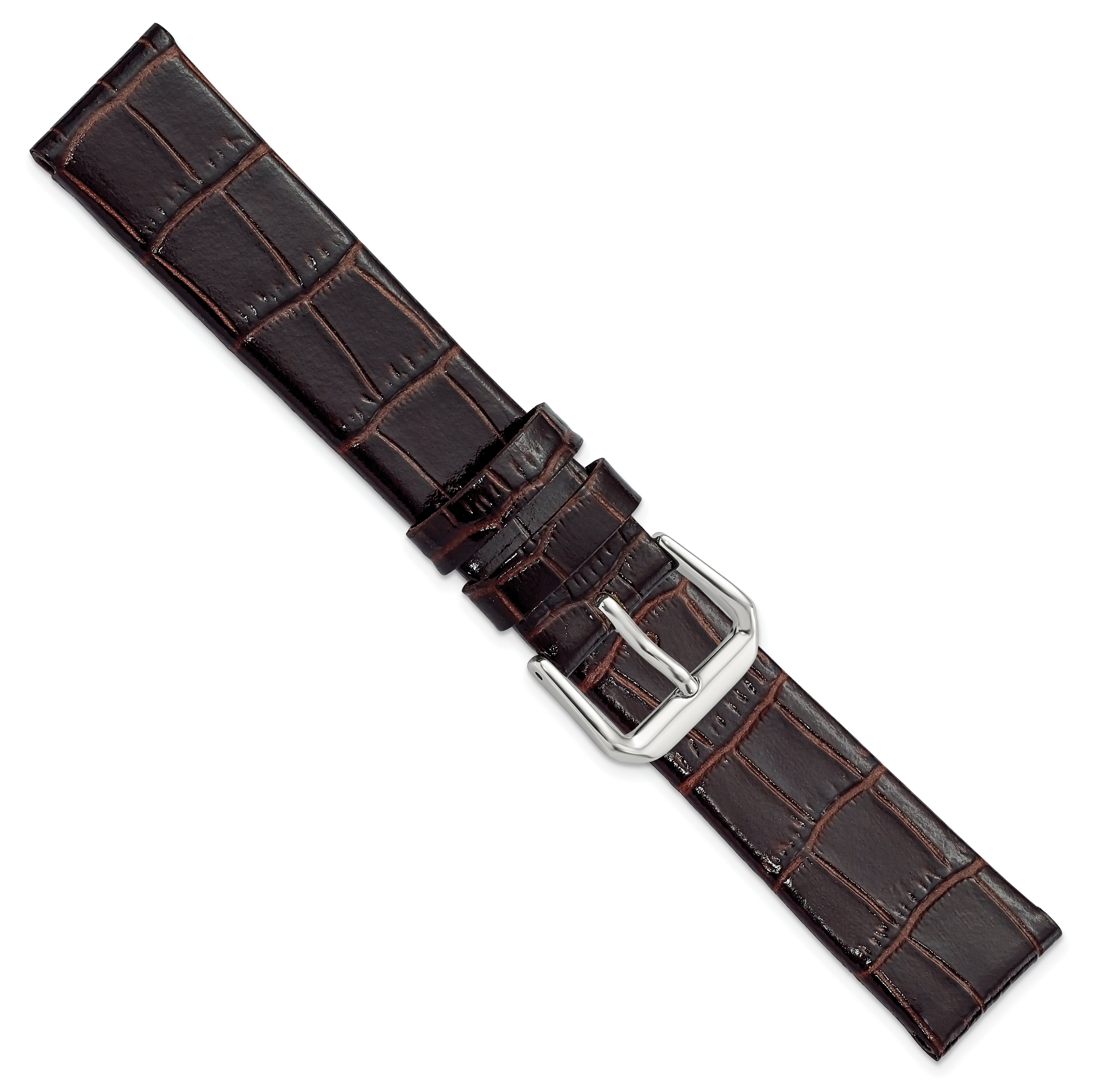 18mm Dark Brown Flat Alligator Grain Leather with Silver-tone Buckle 7.5 inch Watch Band
