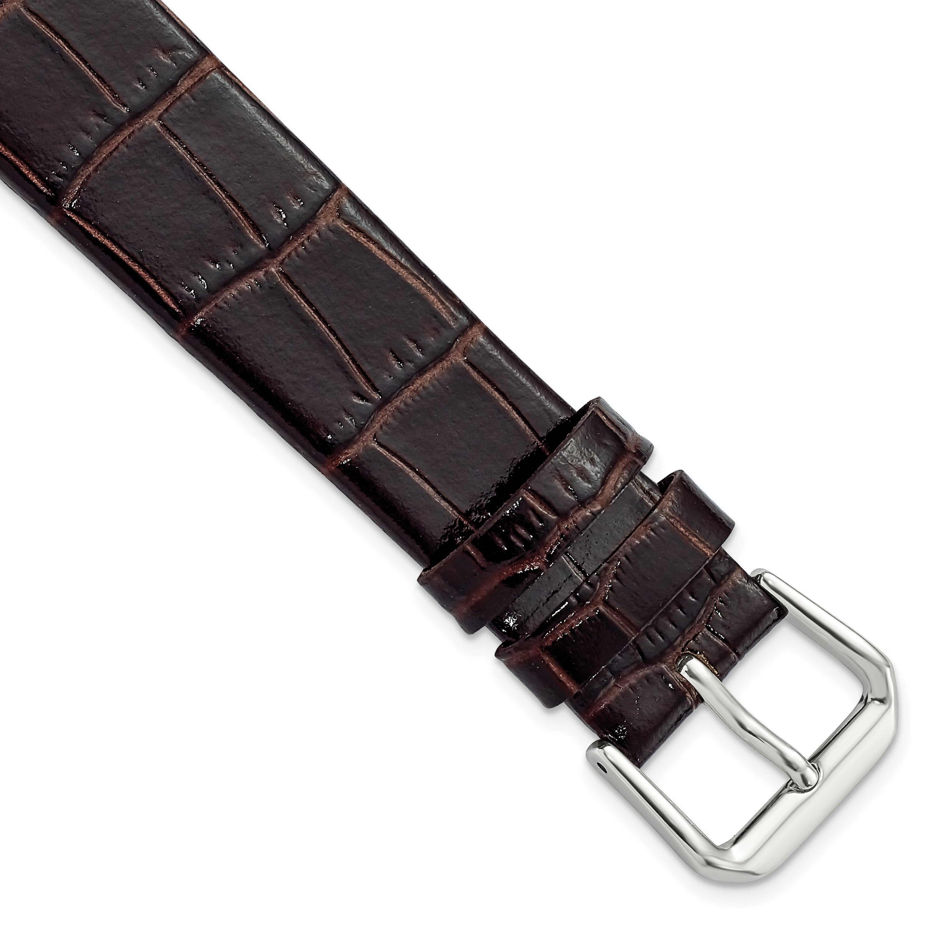 18mm Dark Brown Flat Alligator Grain Leather with Silver-tone Buckle 7.5 inch Watch Band