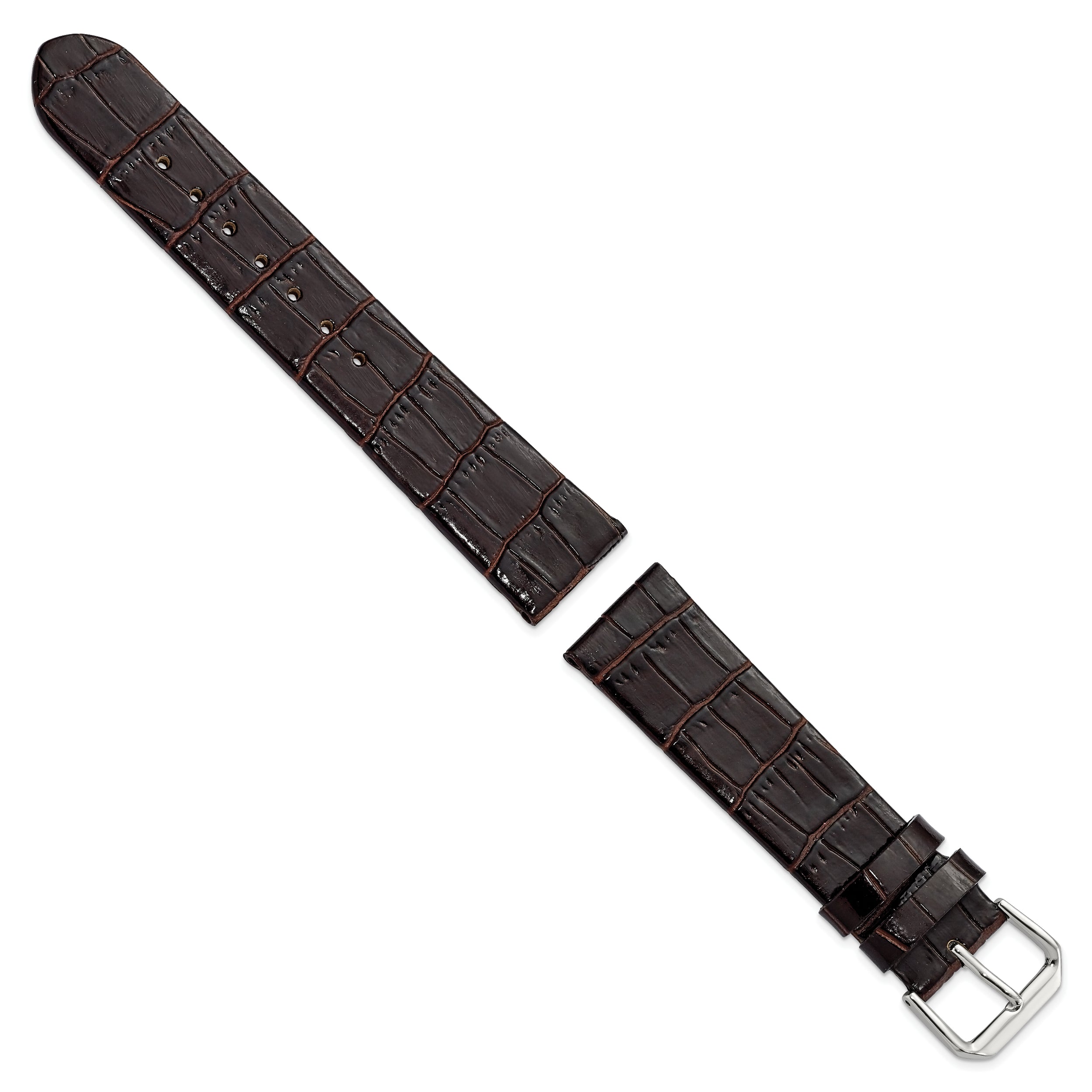20mm Dark Brown Flat Alligator Grain Leather with Silver-tone Buckle 7.5 inch Watch Band