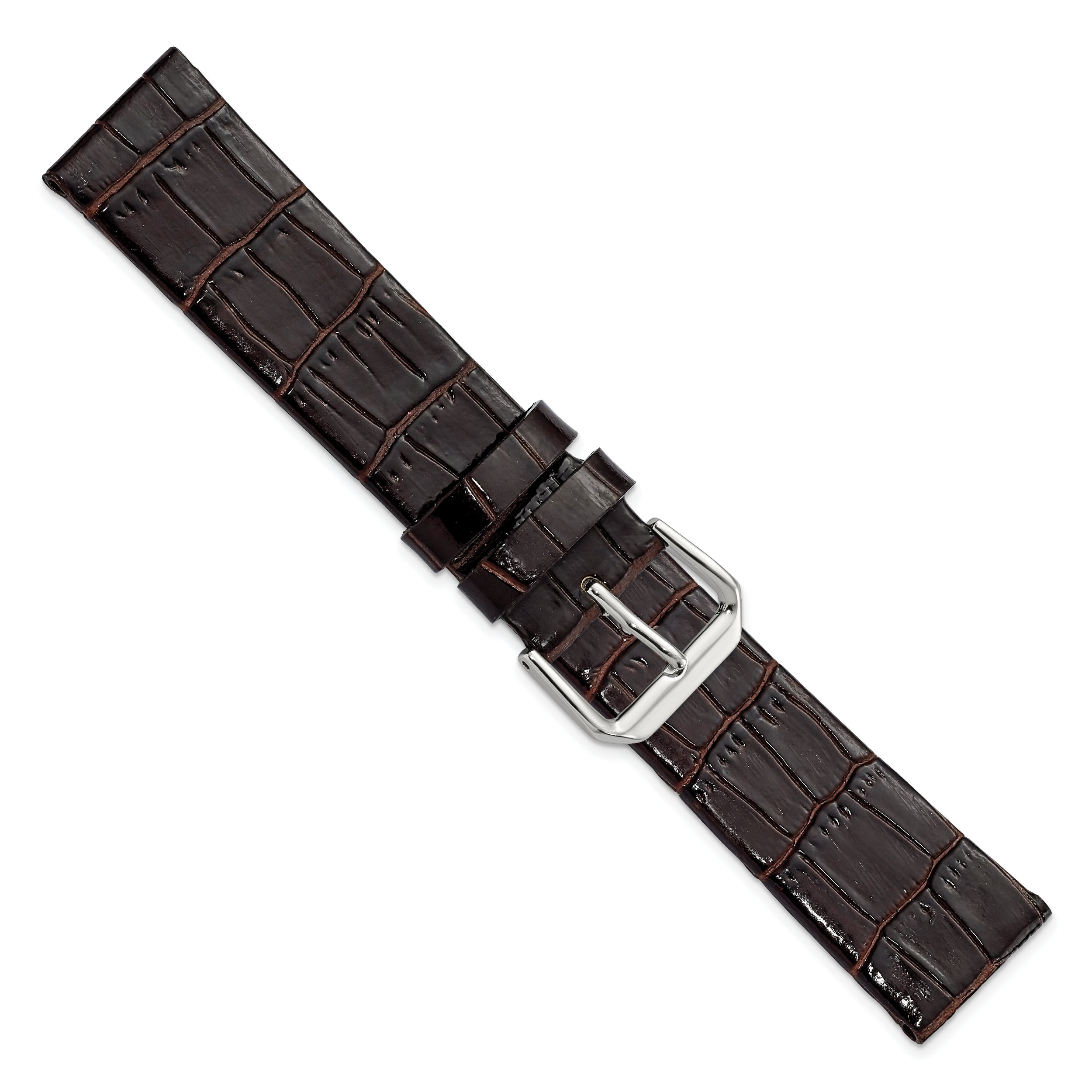 20mm Dark Brown Flat Alligator Grain Leather with Silver-tone Buckle 7.5 inch Watch Band