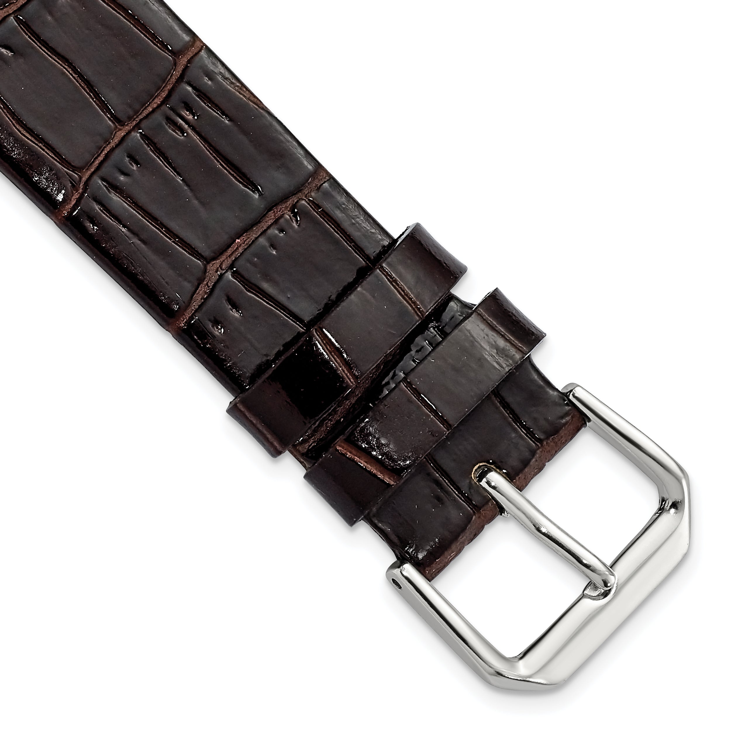 20mm Dark Brown Flat Alligator Grain Leather with Silver-tone Buckle 7.5 inch Watch Band