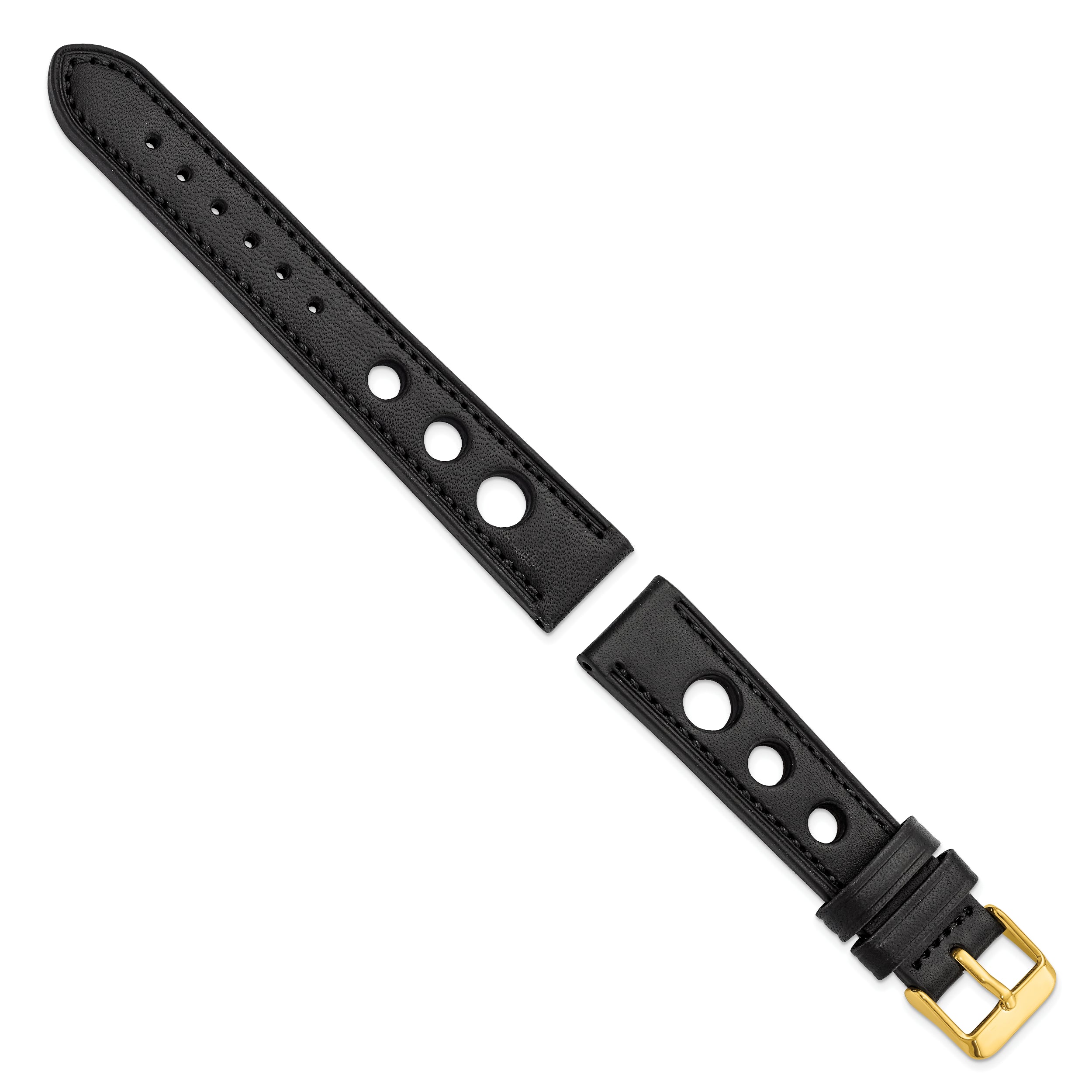 18mm Black Grand Prix Leather with Black Stitching and Gold-tone Buckle 7.5 inch Watch Band
