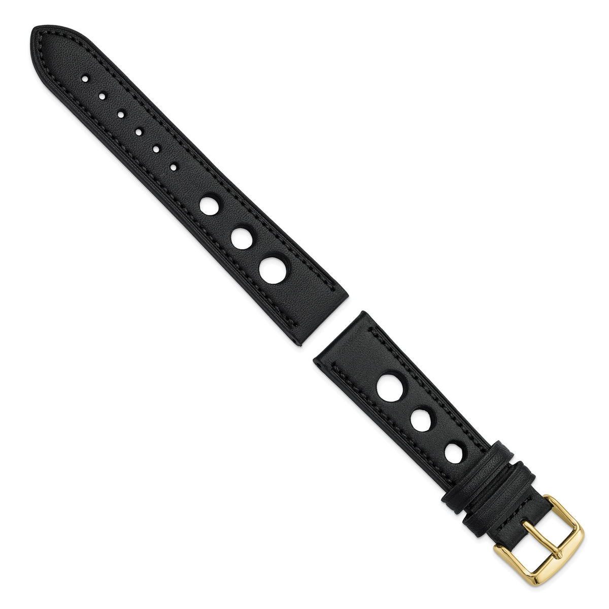 DeBeer 20mm Black Grand Prix Leather with Black Stitching and Gold-tone Buckle 7.5 inch Watch Band