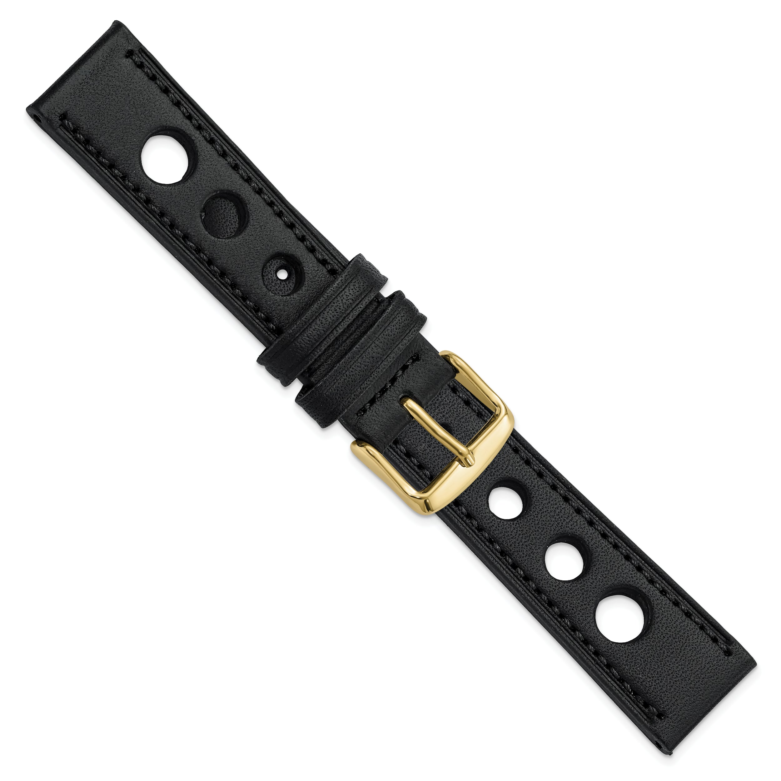 20mm Black Grand Prix Leather with Black Stitching and Gold-tone Buckle 7.5 inch Watch Band