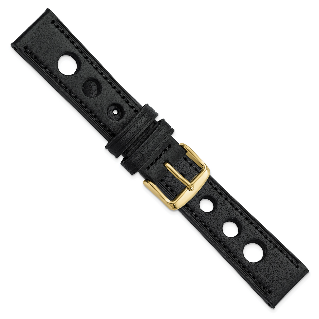 DeBeer 20mm Black Grand Prix Leather with Black Stitching and Gold-tone Buckle 7.5 inch Watch Band