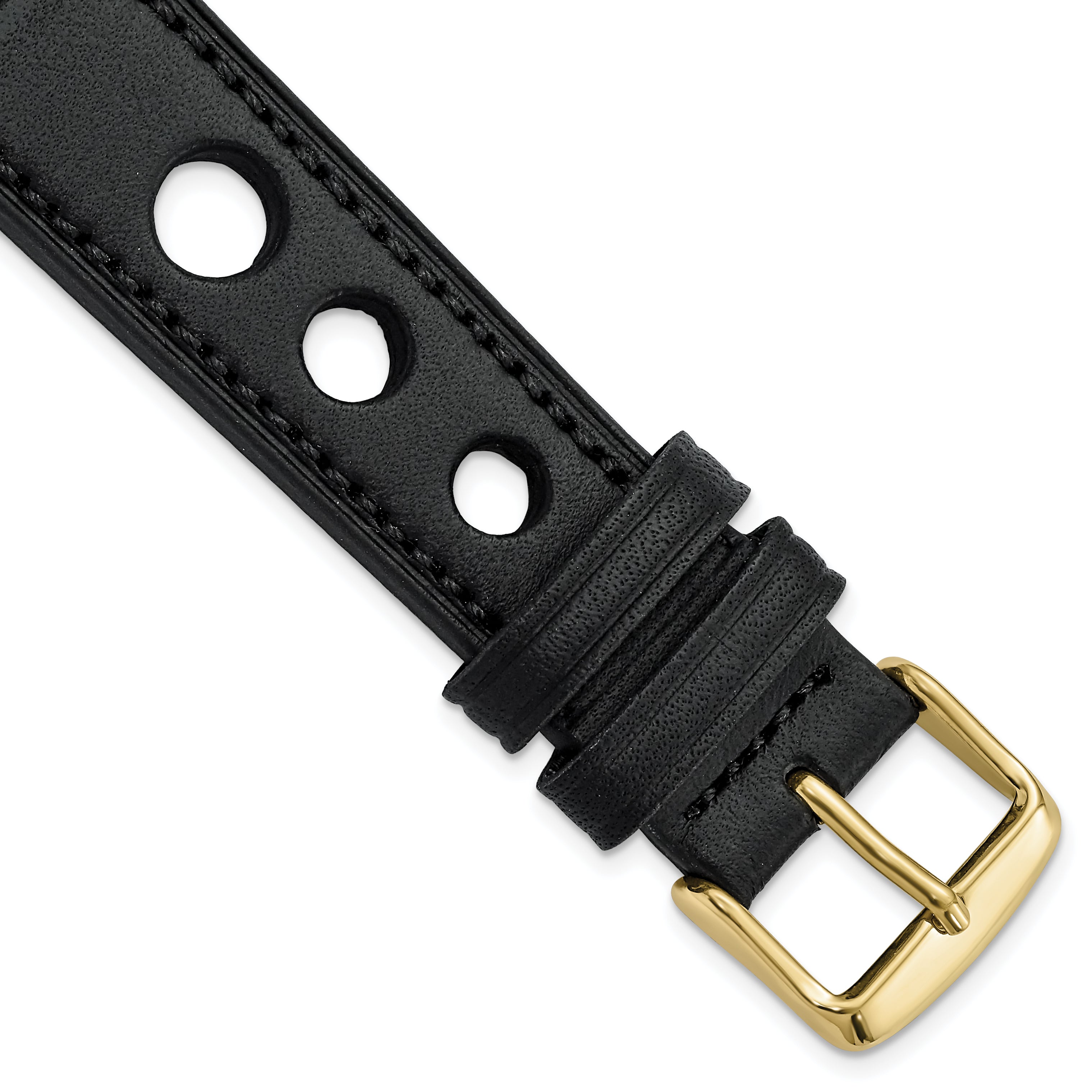20mm Black Grand Prix Leather with Black Stitching and Gold-tone Buckle 7.5 inch Watch Band