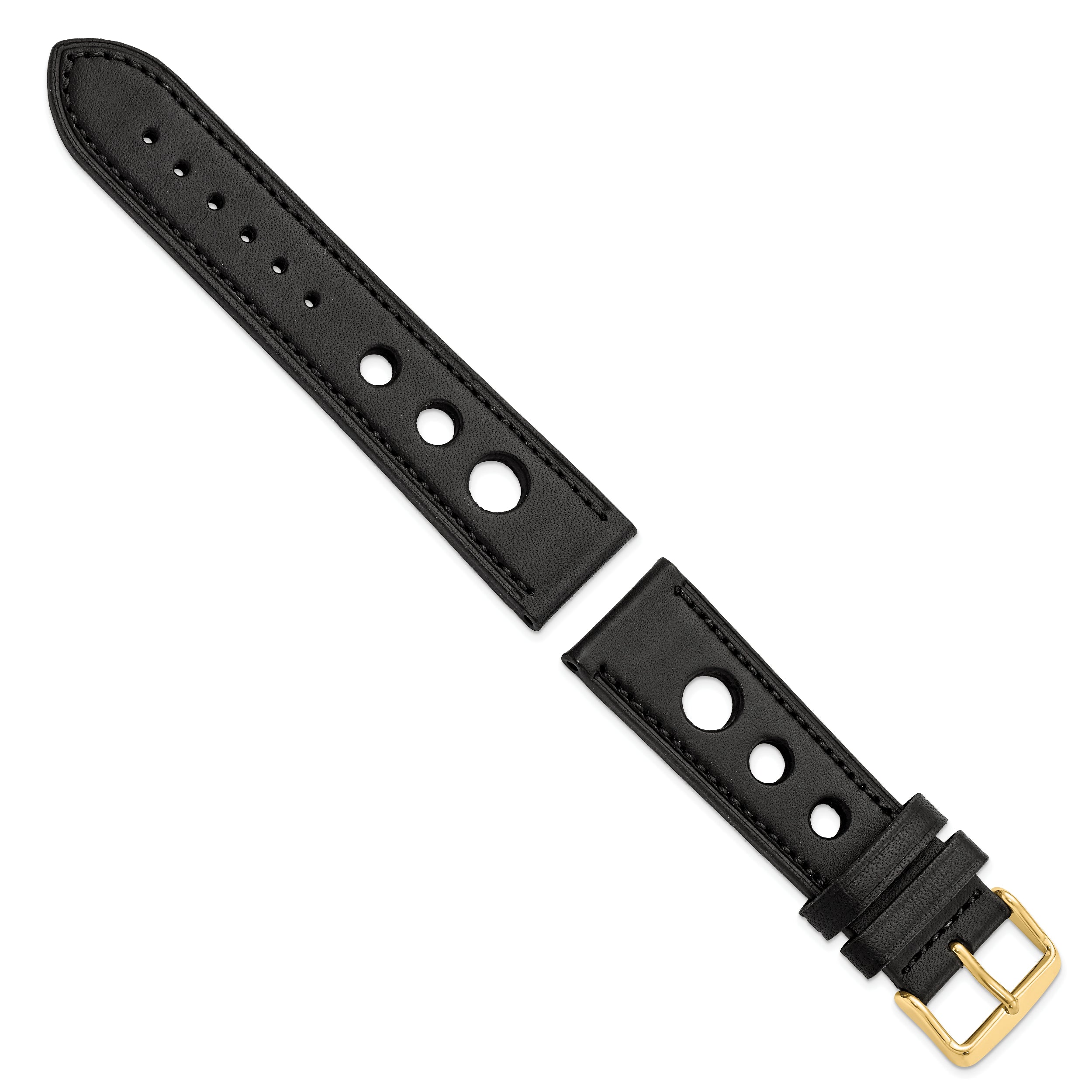 22mm Black Grand Prix Leather with Black Stitching and Gold-tone Buckle 7.5 inch Watch Band